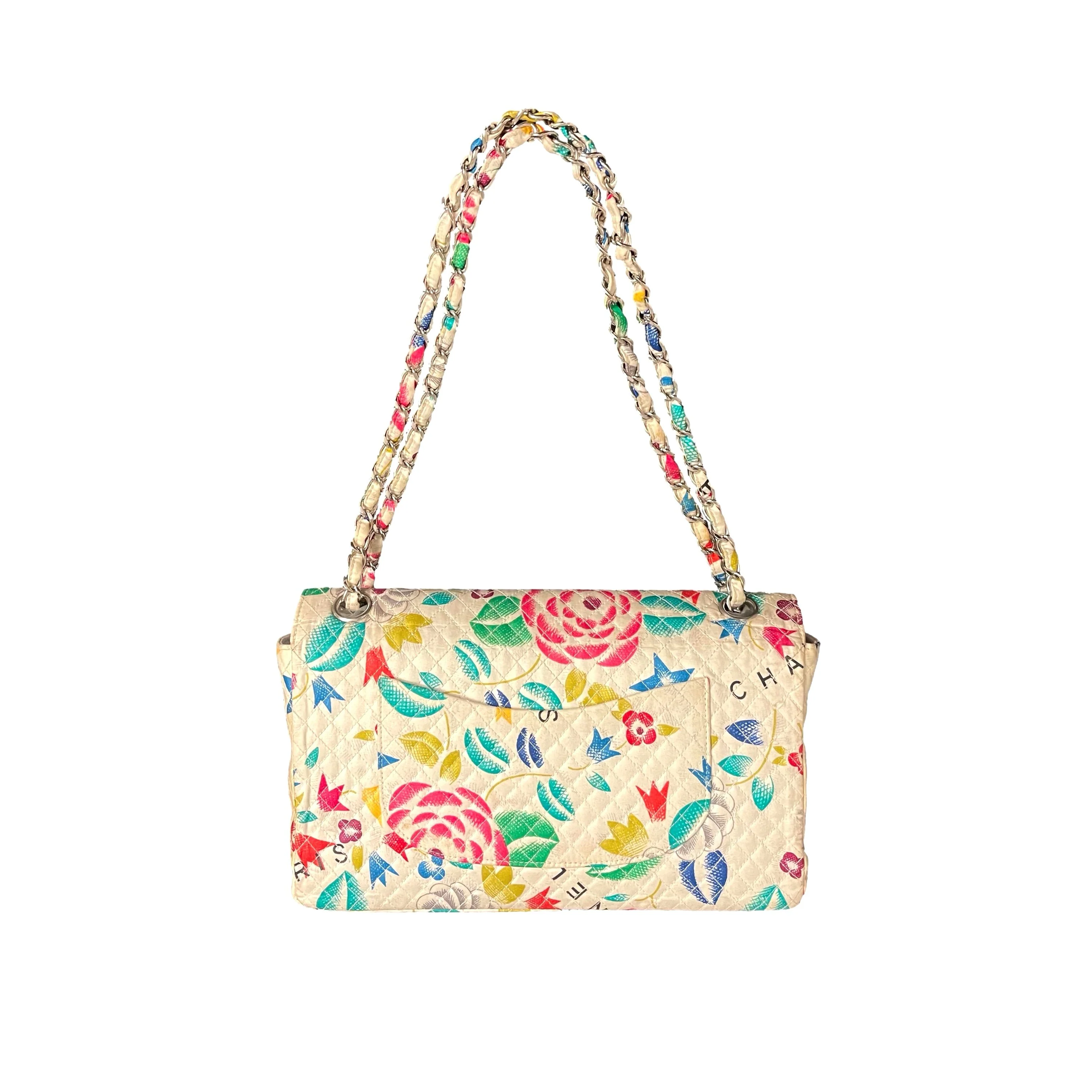 Chanel White Floral Canvas Flap Bag - Image 3