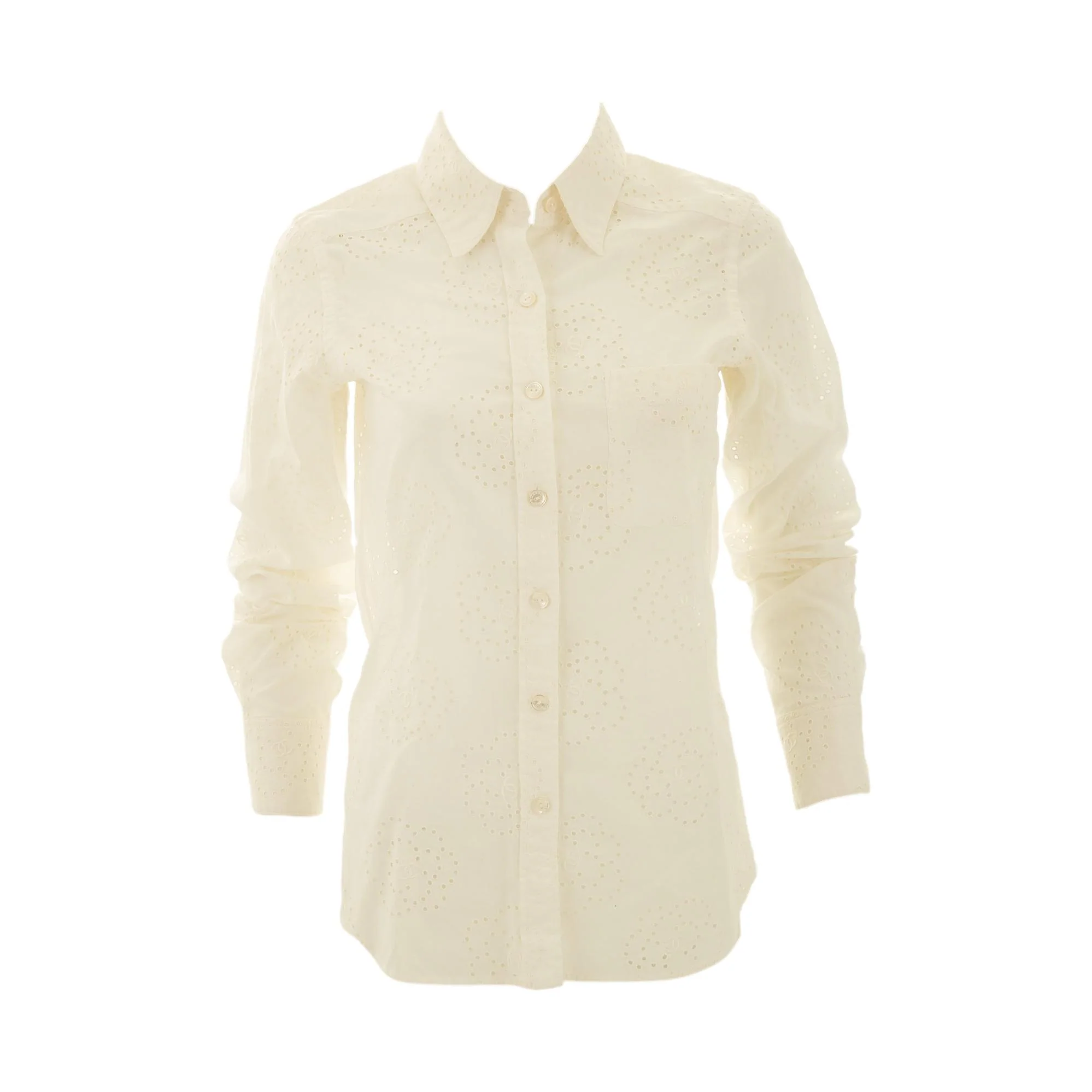 Chanel White Floral Eyelet Button Down