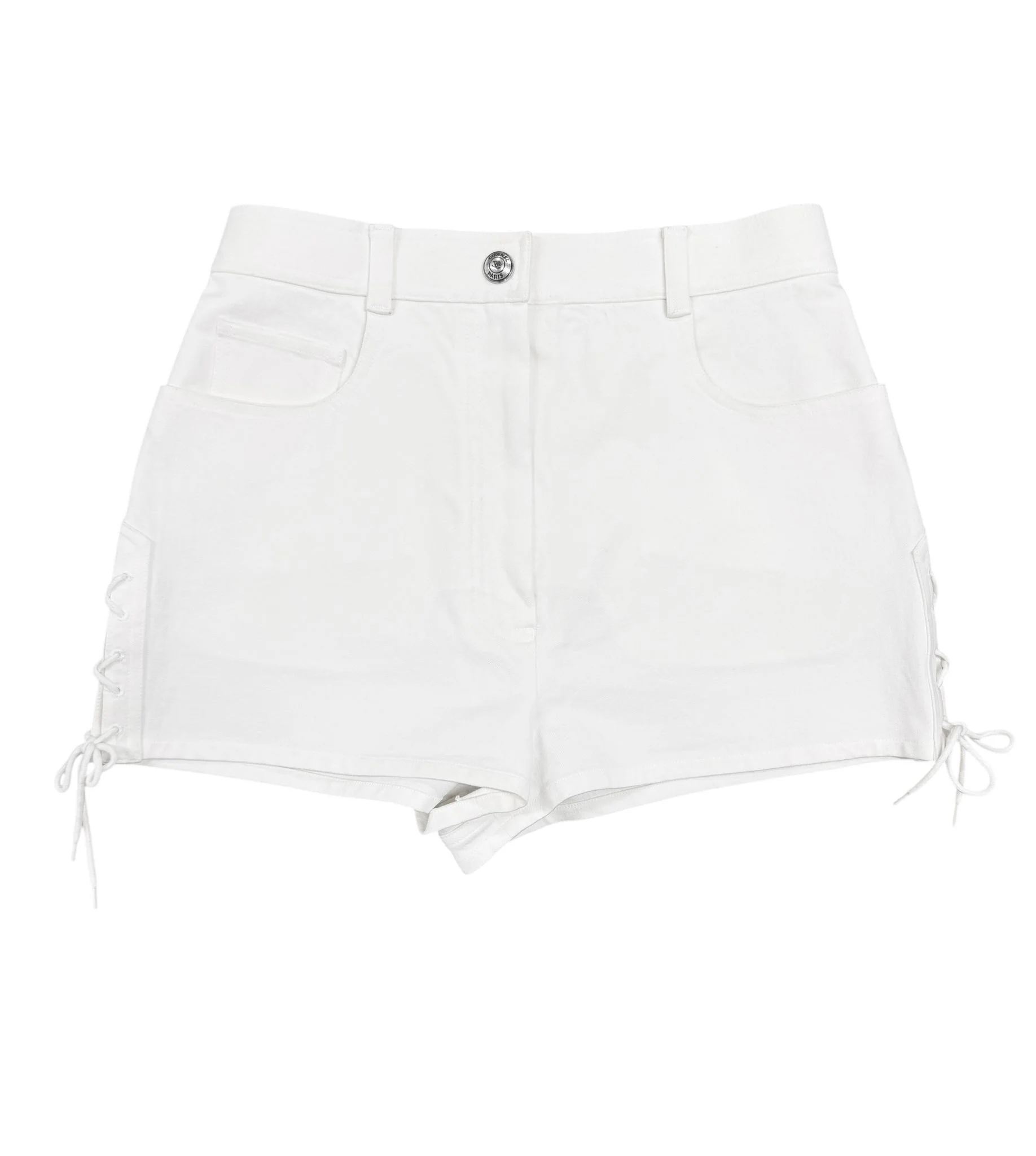 Chanel White Lace Up Logo Shorts - Image 2