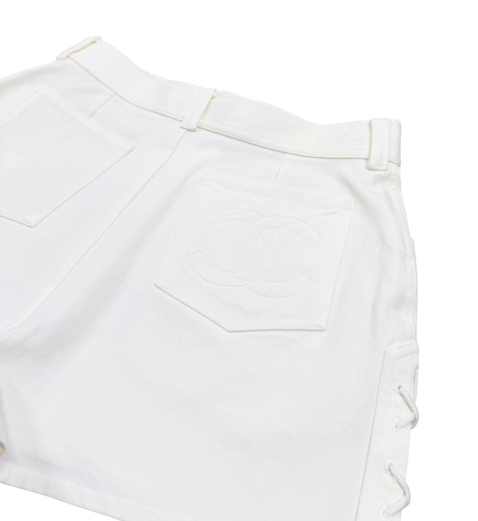Chanel White Lace Up Logo Shorts - Image 3