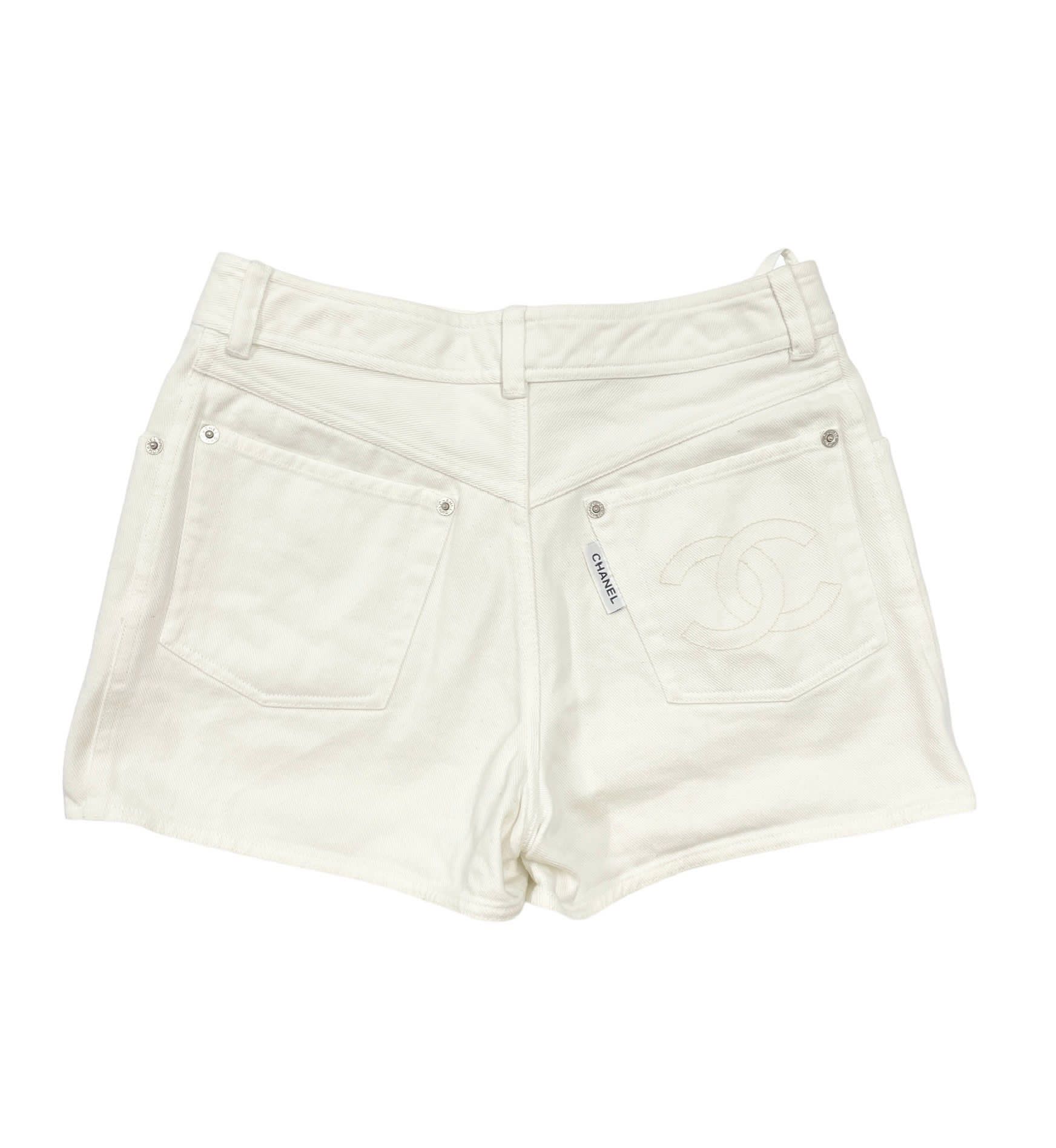 Chanel White Logo Jean Shorts - Image 2