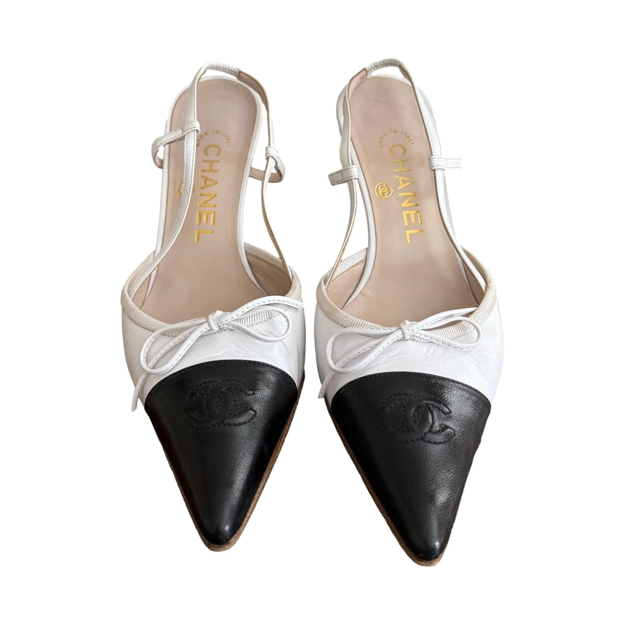 Chanel White Logo Slingback Heels