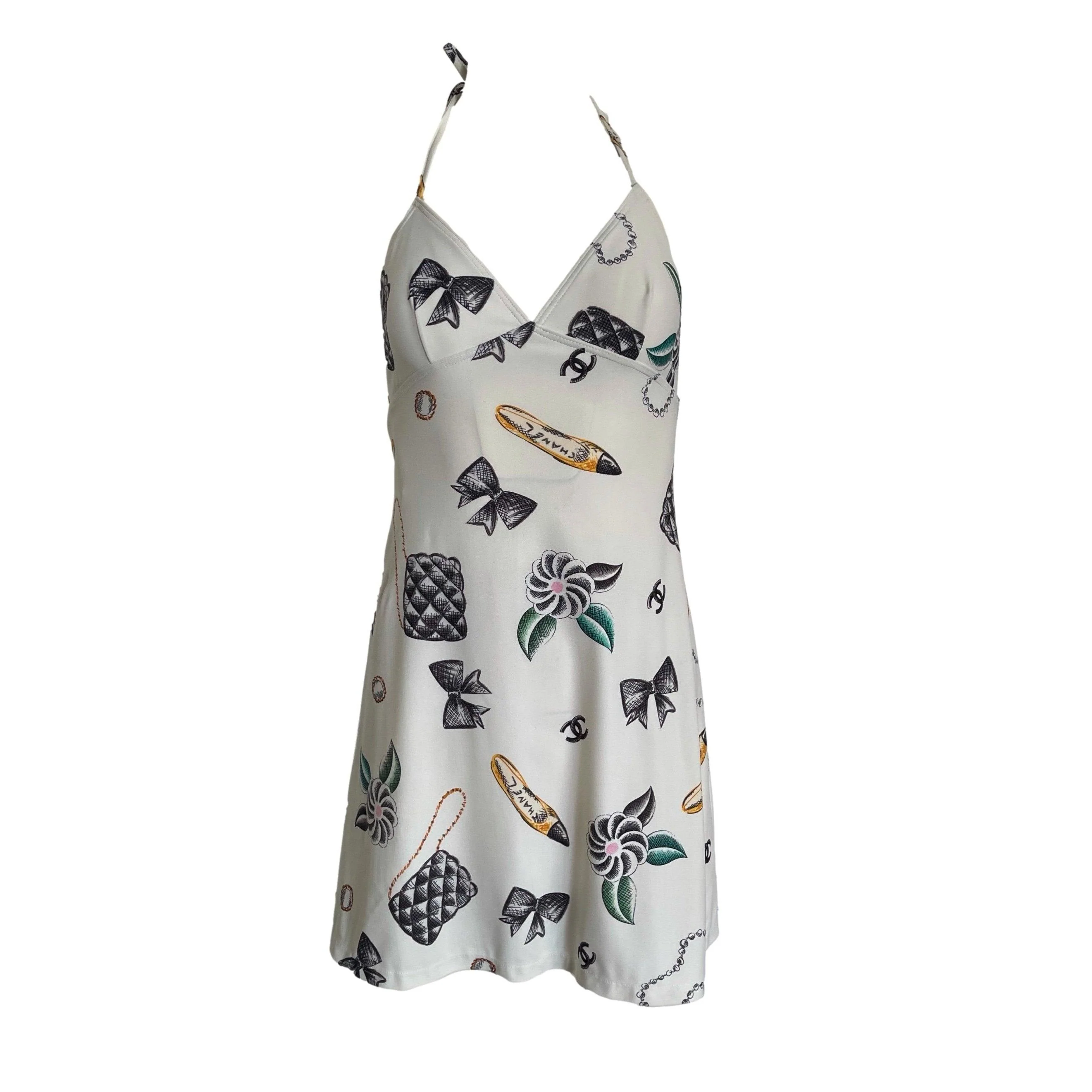Chanel White Print Logo Halter Dress