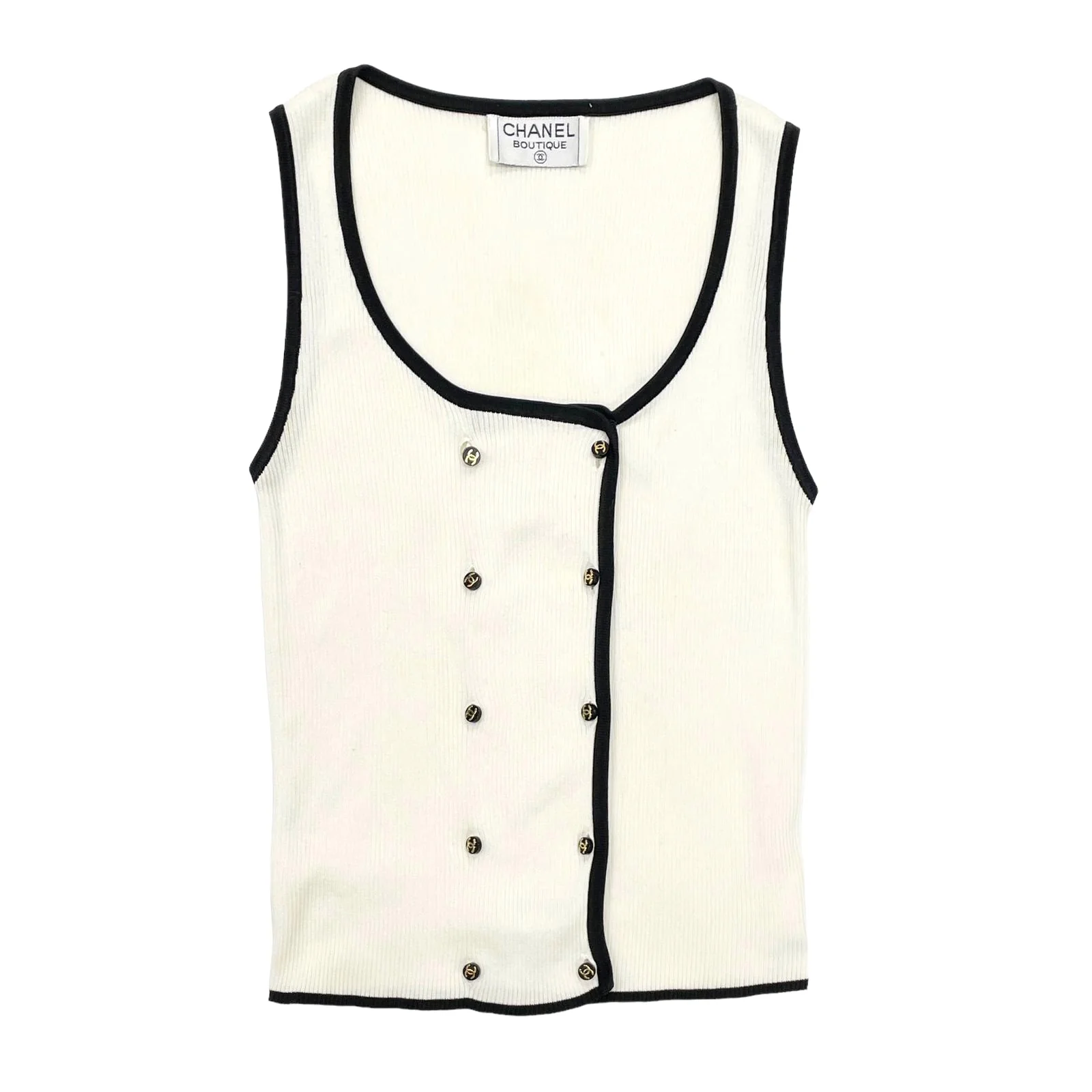 Chanel White Ribbed Logo Button Tank Top