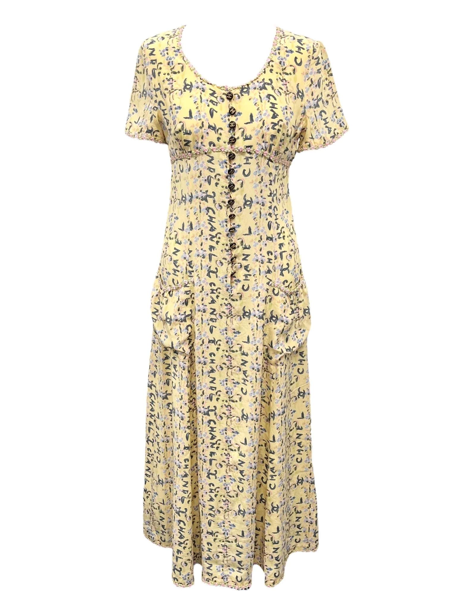 Chanel Yellow Floral Print Logo Dress