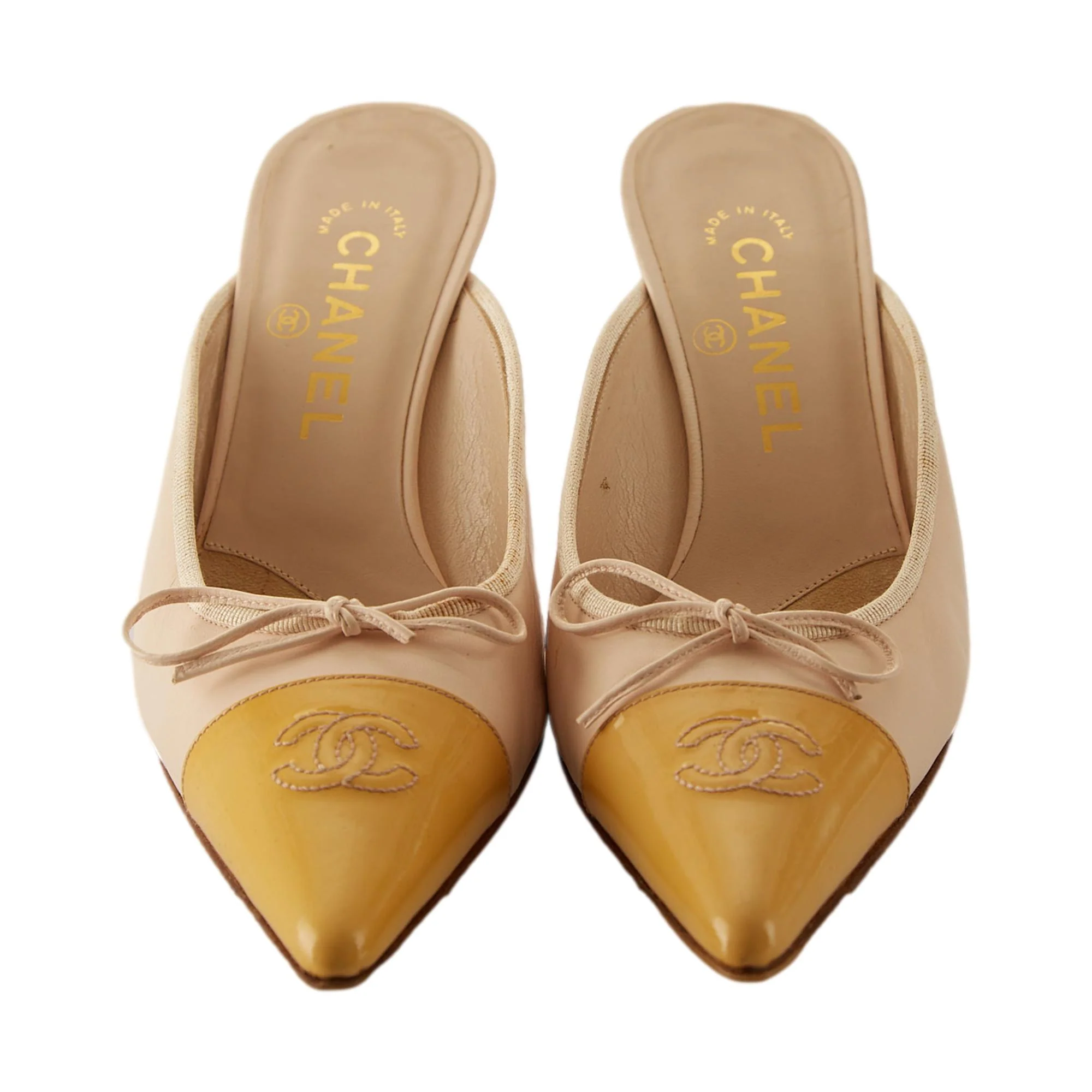 Chanel Yellow Logo Bow Kitten Heels - Image 2