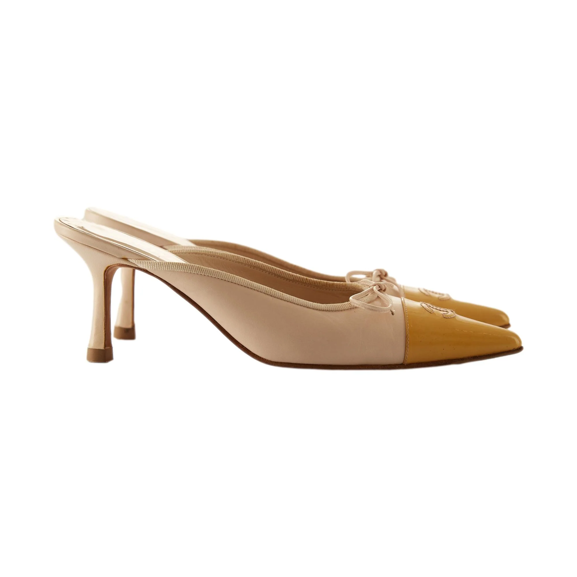 Chanel Yellow Logo Bow Kitten Heels - Image 3