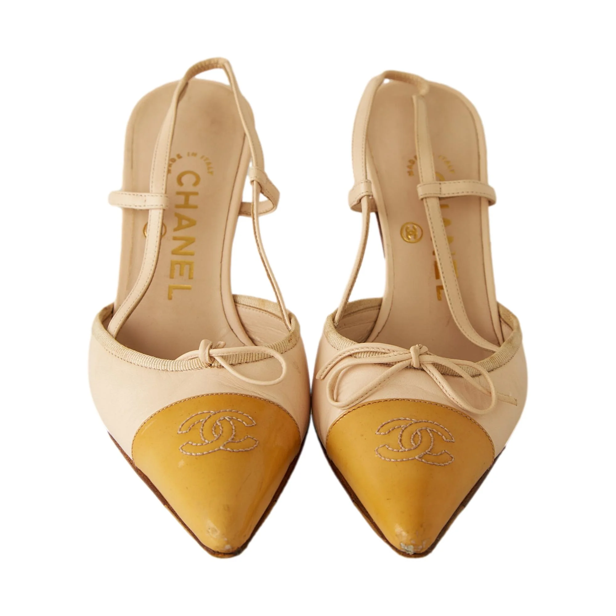 Chanel Yellow Logo Slingback Heels - Image 3