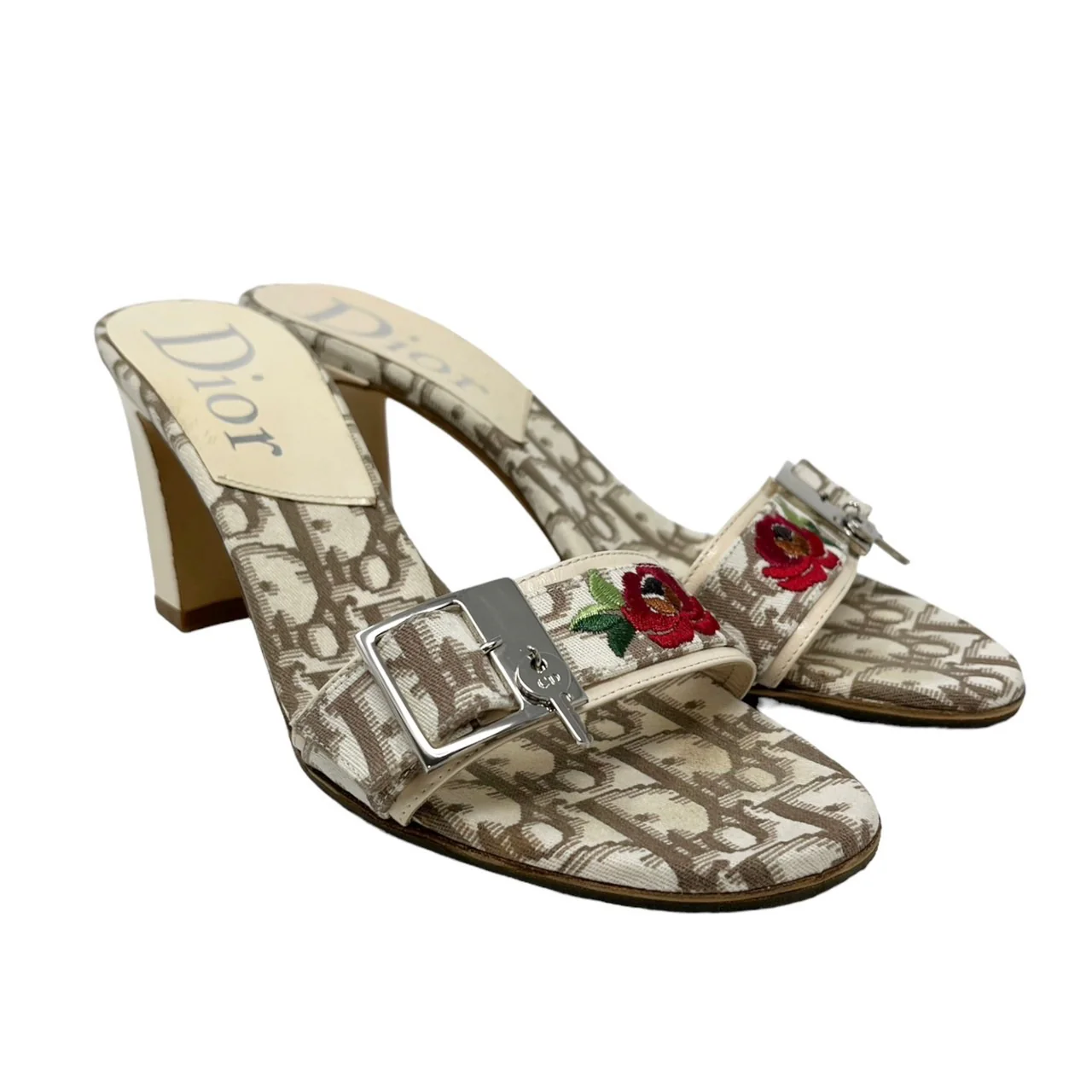 Dior Beige Logo Floral Heels - Image 3