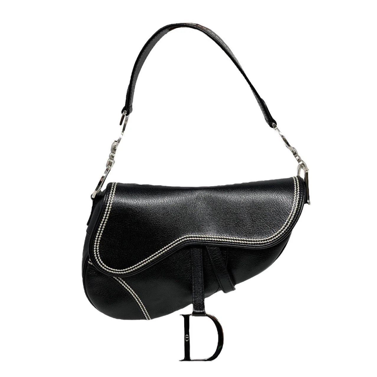Dior Black Contrast Stitch Leather Saddle Bag