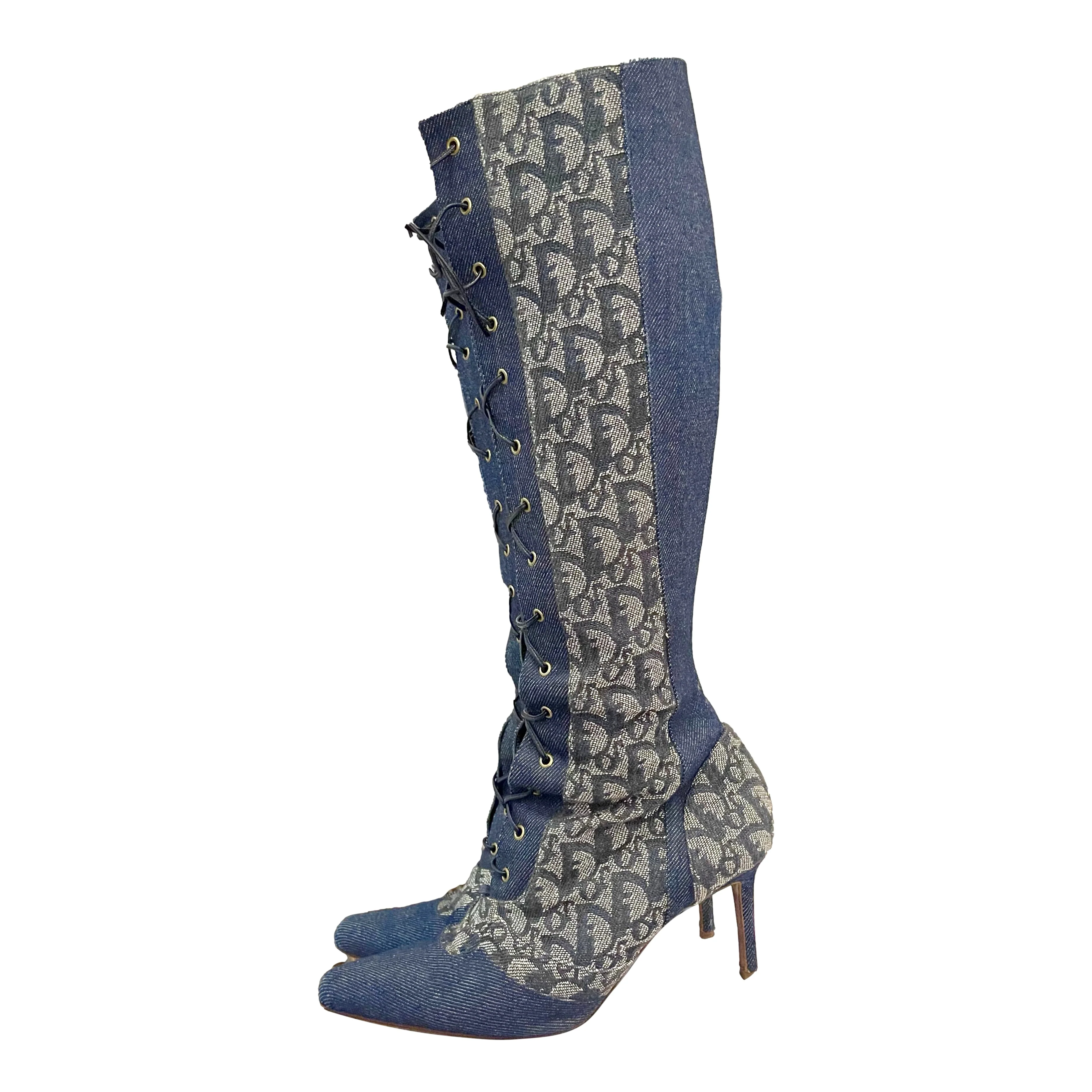 Dior Blue Monogram Lace Up Boots