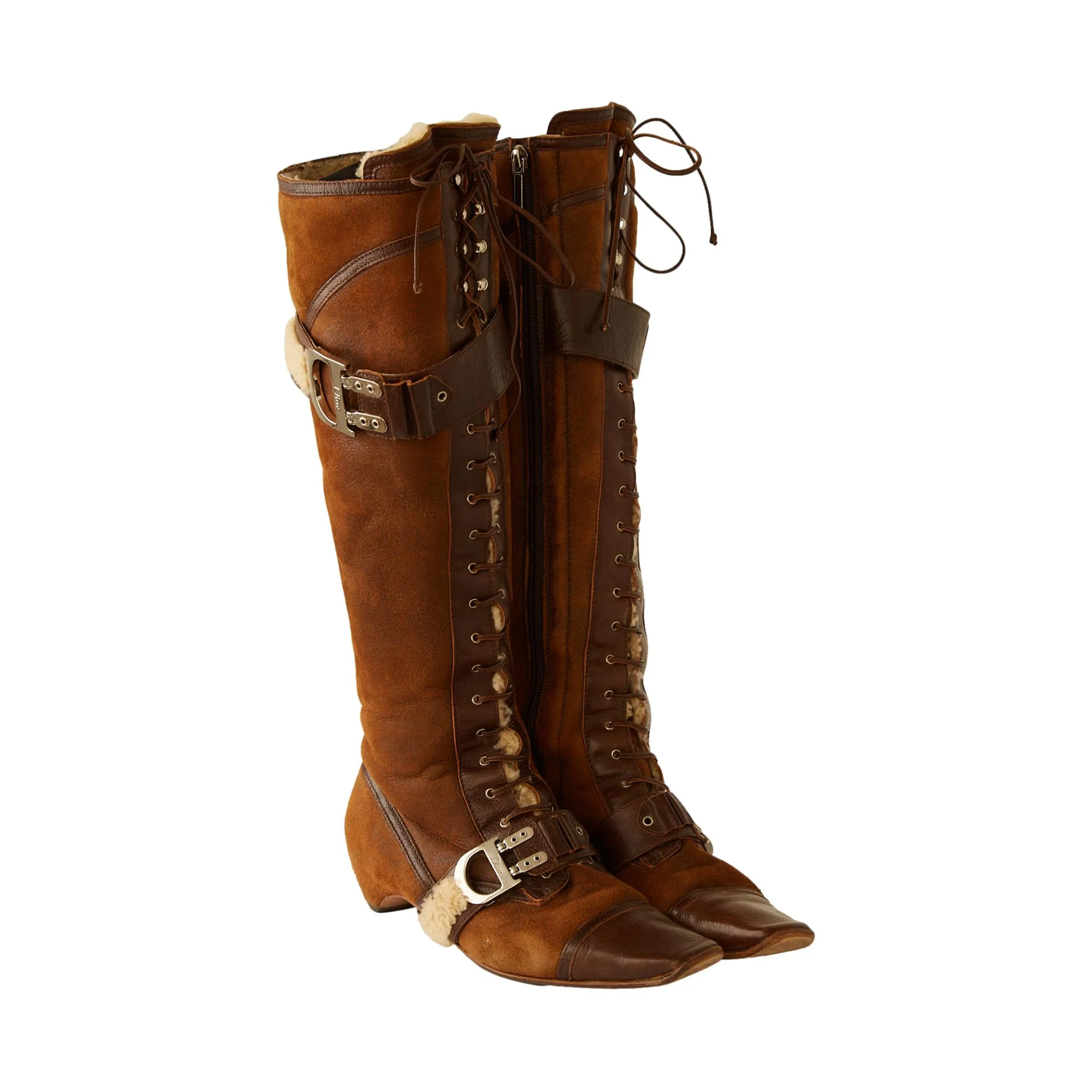 Dior Brown Suede + Sherpa Lace-Up Boots - Image 3