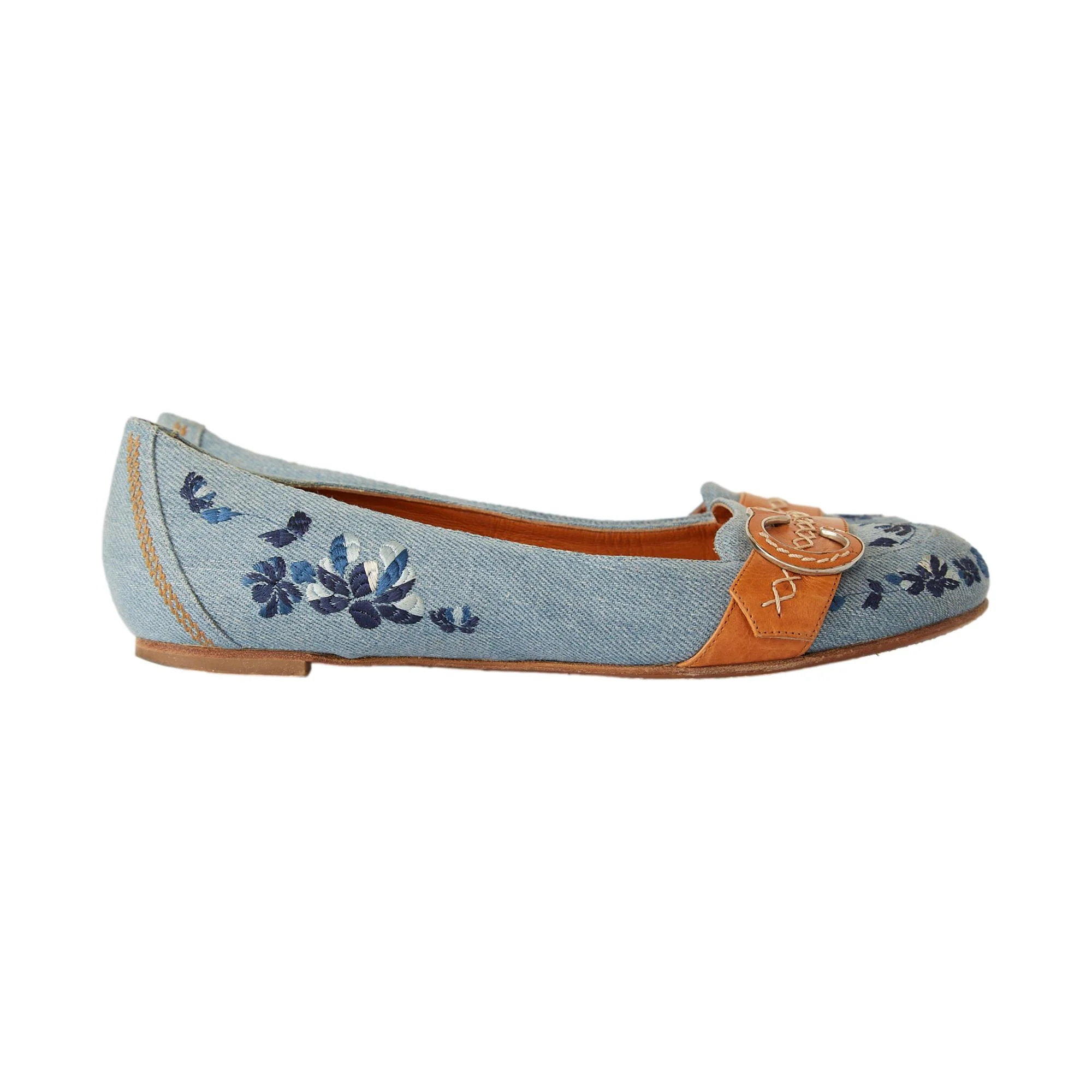 Dior Denim Floral Embroidered Flats - Image 3