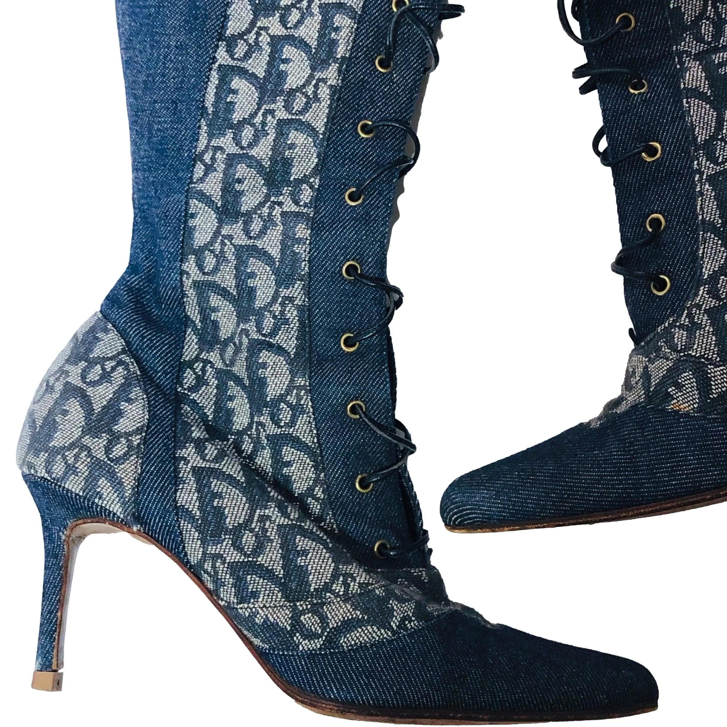 Dior Denim Logo Lace-Up Knee Boots - Image 2