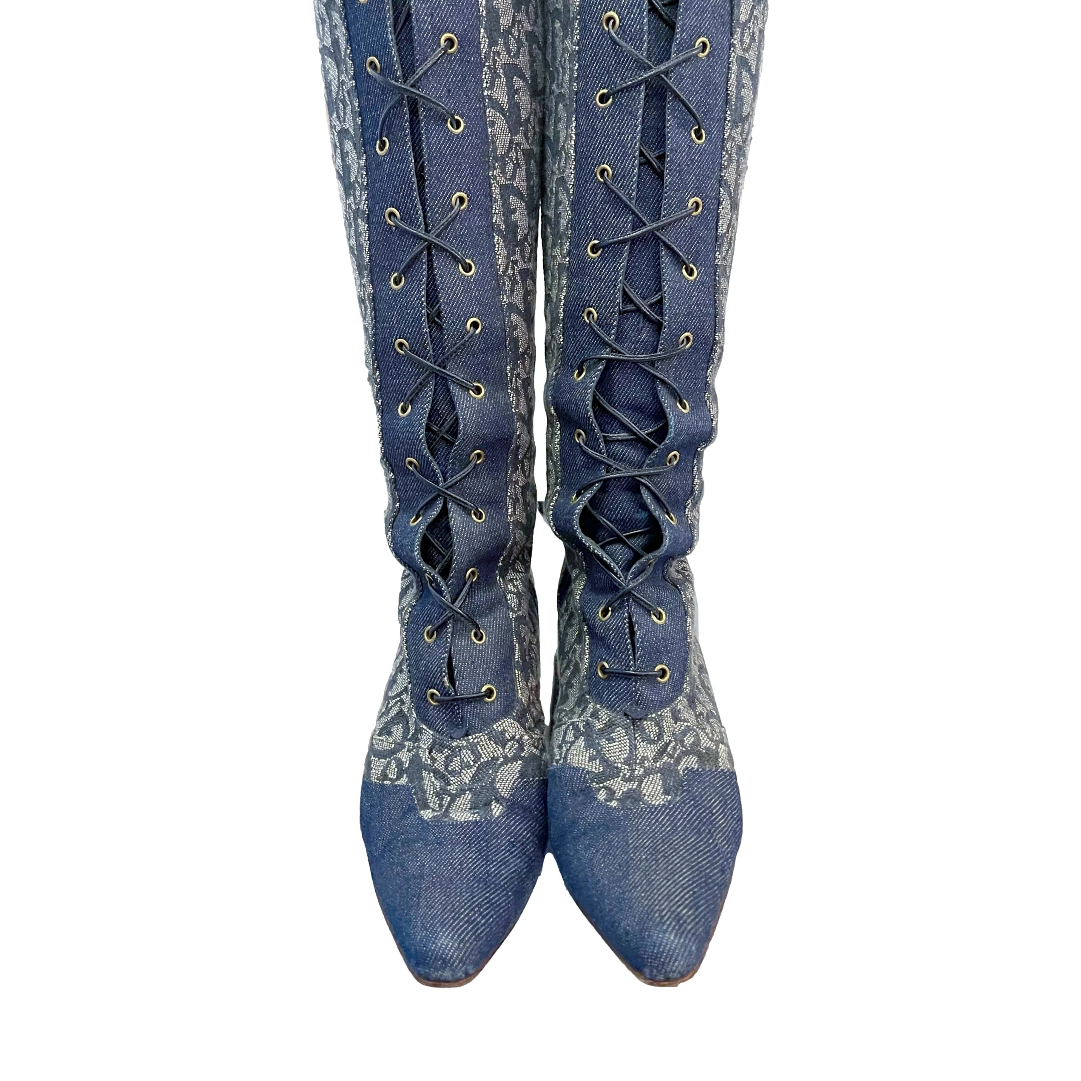 Dior Denim Logo Lace-Up Knee Boots - Image 3