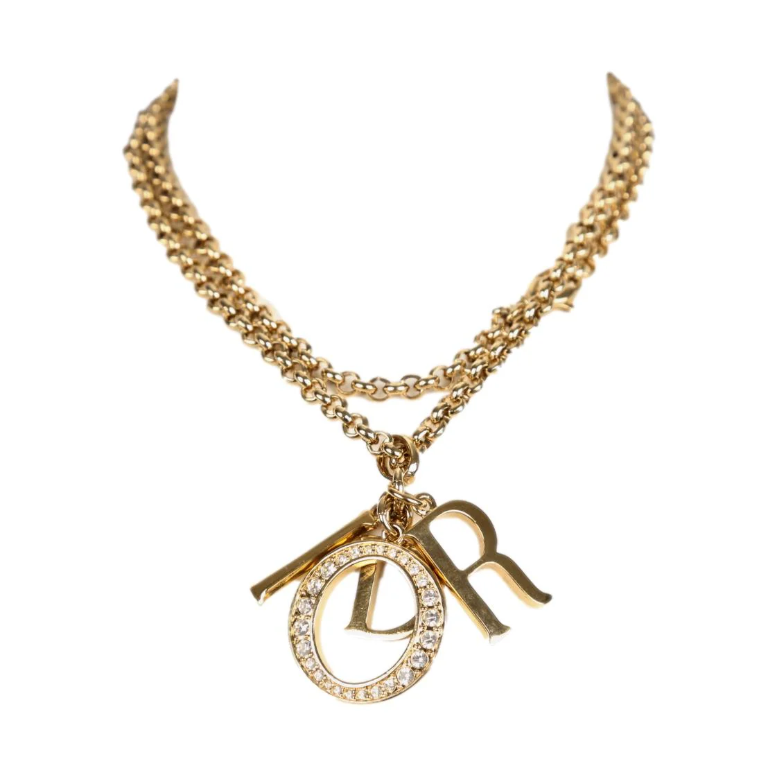 Dior Gold Logo Rhinestone Charm Necklace