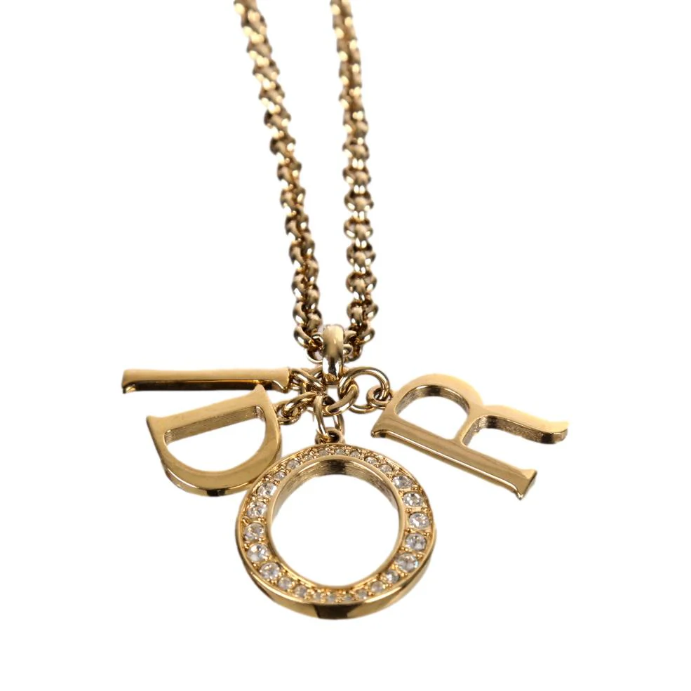 Dior Gold Logo Rhinestone Charm Necklace - Image 2