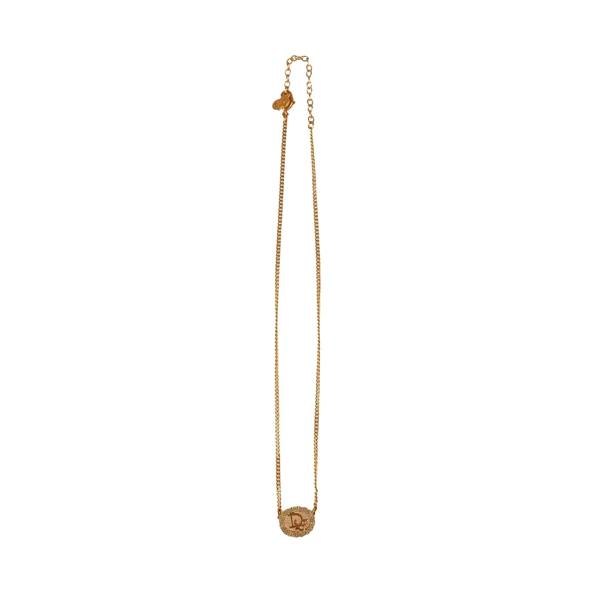 Dior Gold Round Rhinestone Logo Necklace - Image 2