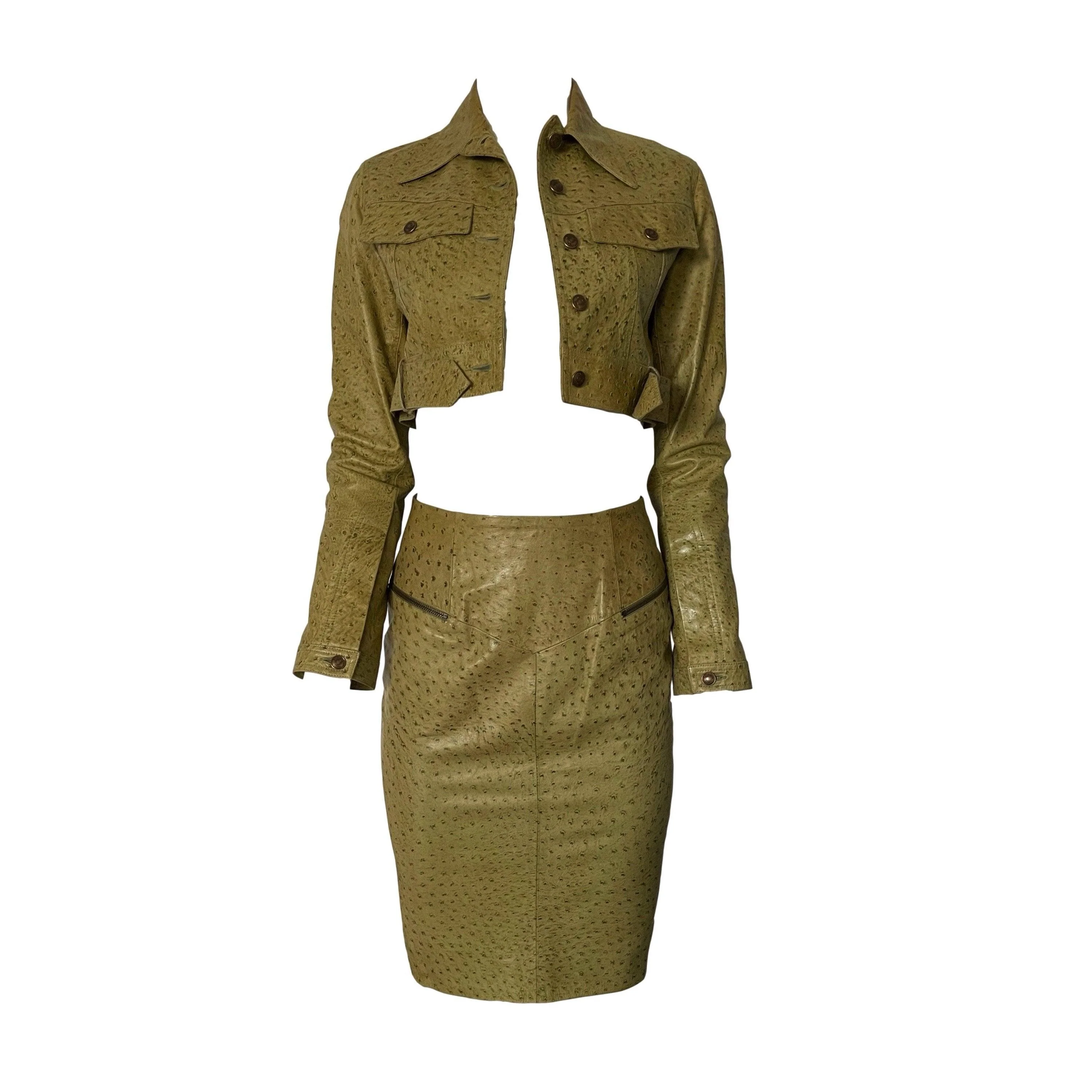 Dior Green Leather Cropped Skirt Set