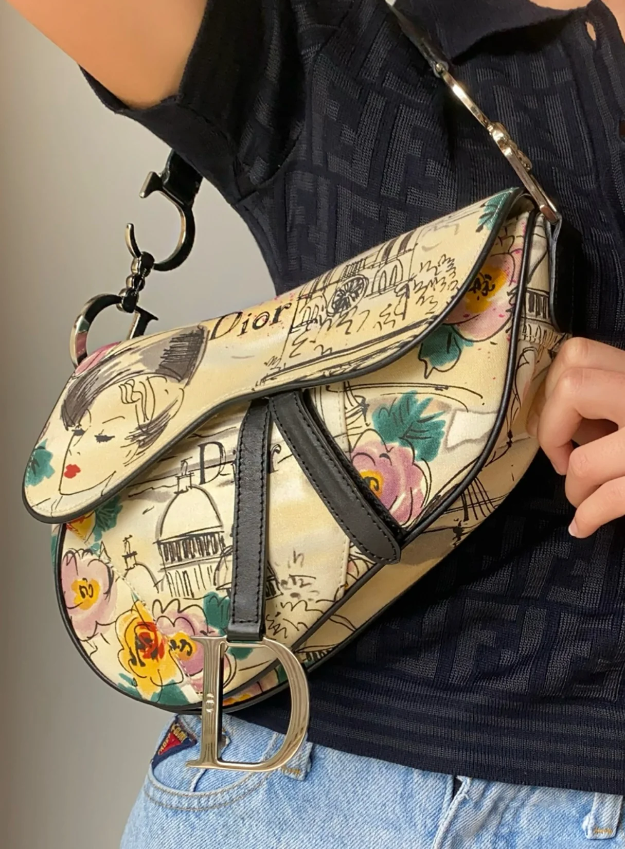 Dior Paris Motif Print Saddle Bag