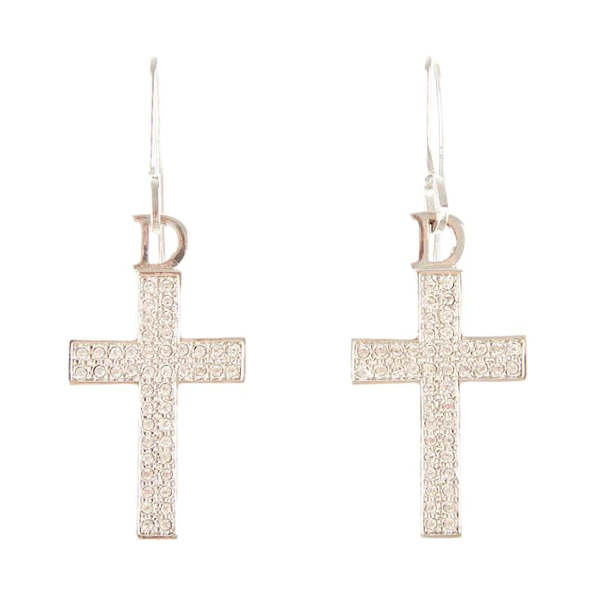 Dior Silver Rhinestone Cross Earrings