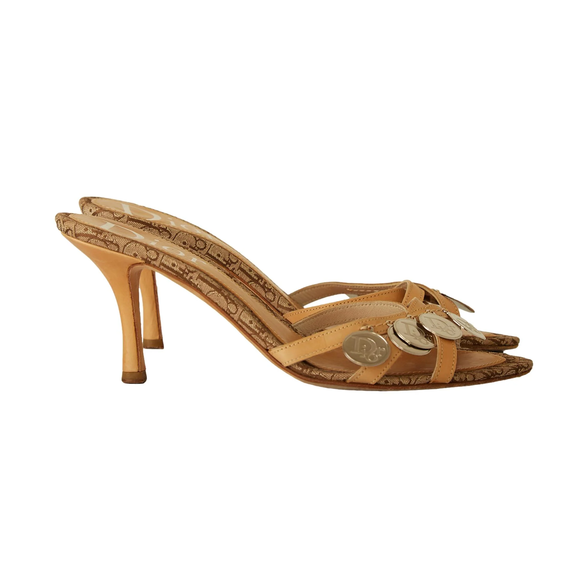 Dior Tan Canvas + Leather Charm Heels - Image 3