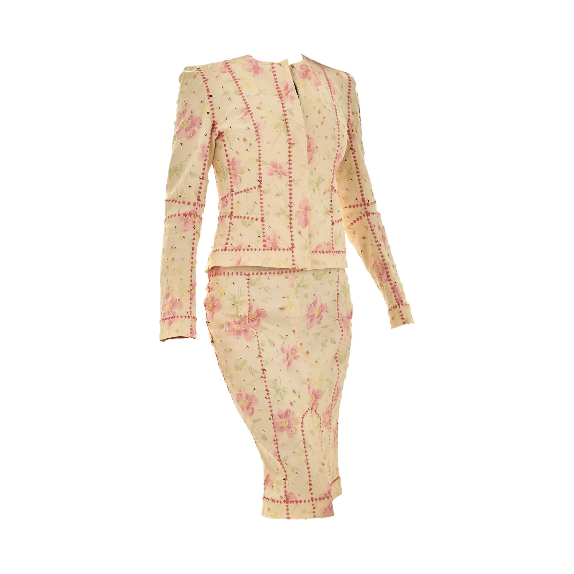 Dior Ivory + Pink Textured Floral Skirt Set - Image 2