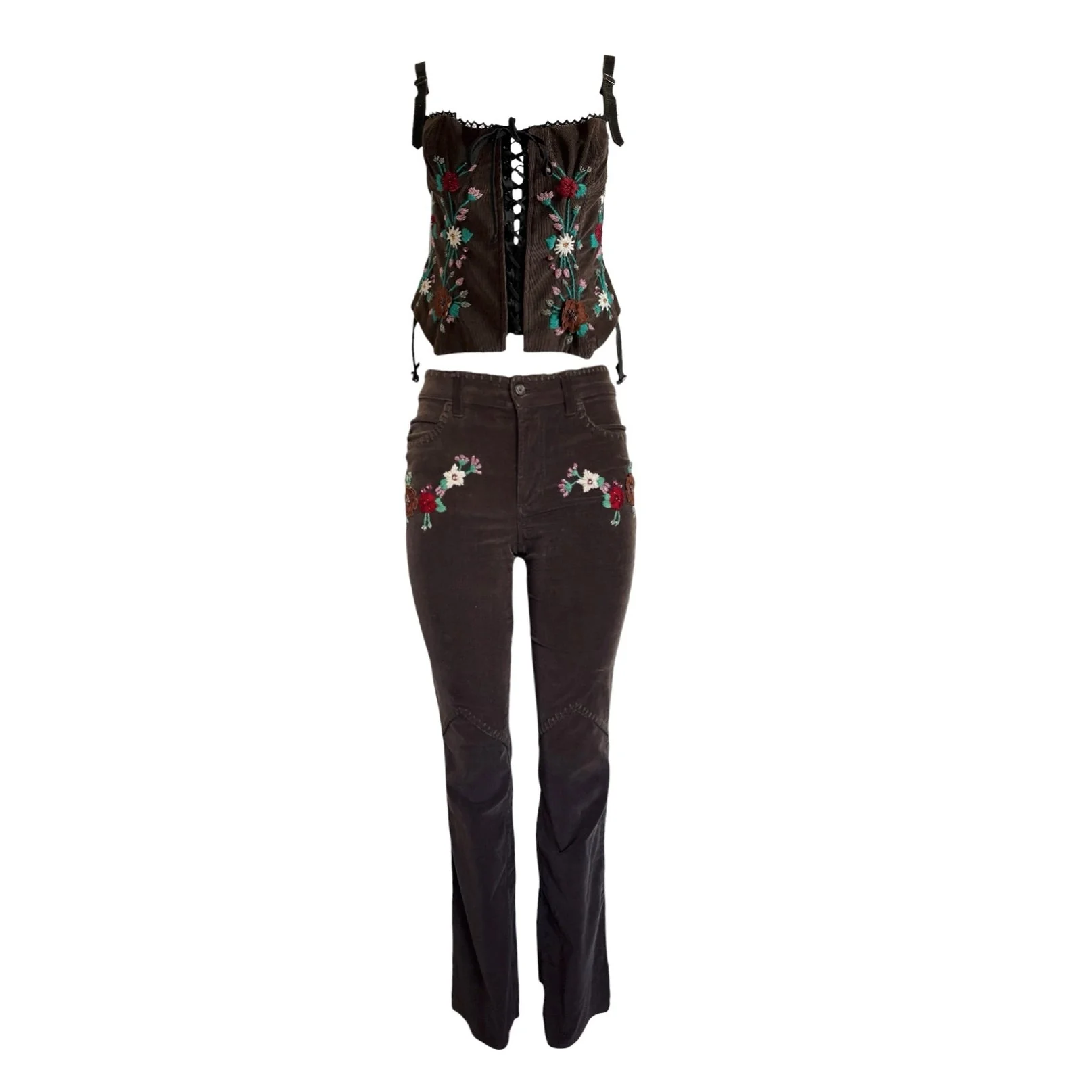 Dolce & Gabbana Brown Floral Corduroy Corset Set
