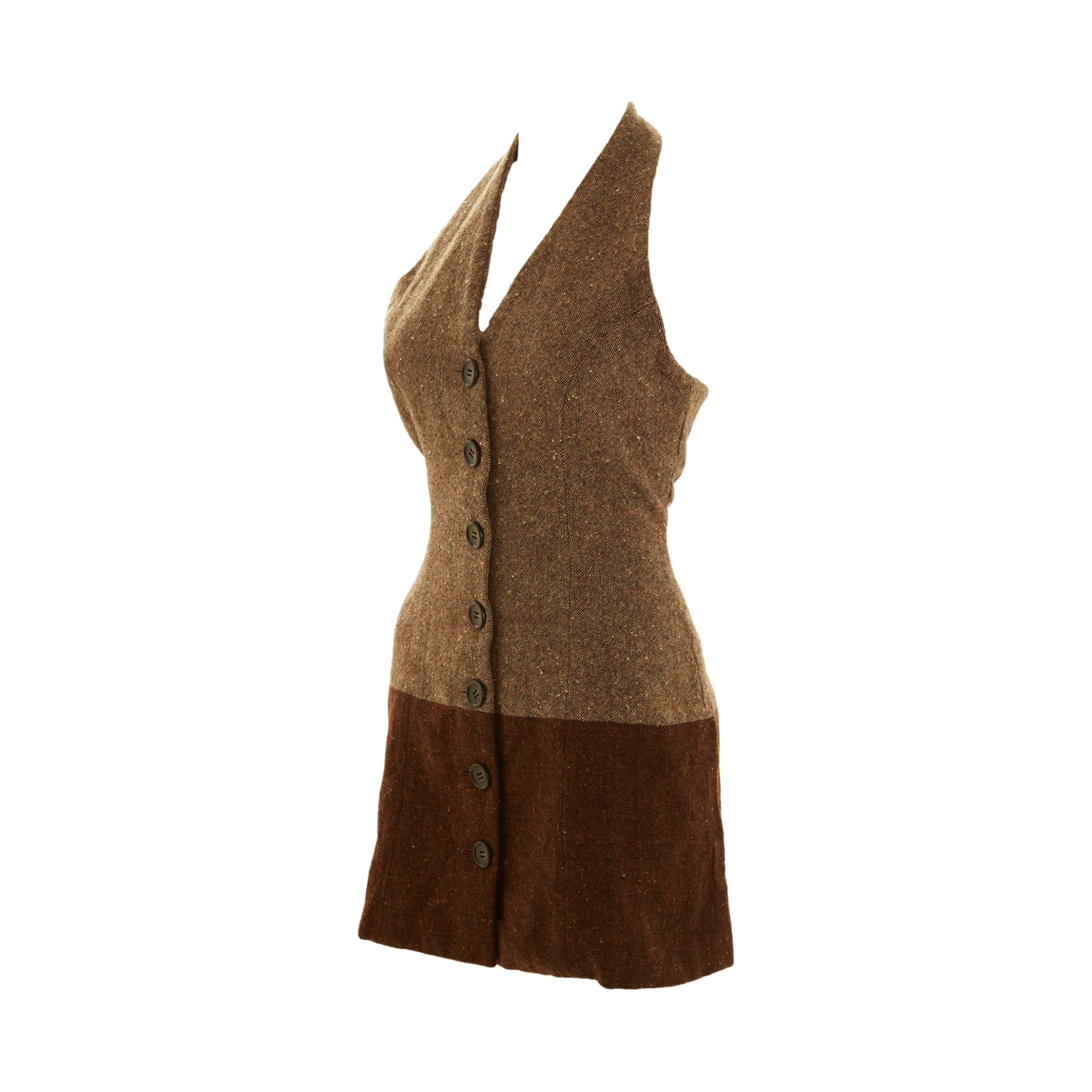 Dolce & Gabbana Brown Tweed Halter Dress - Image 2