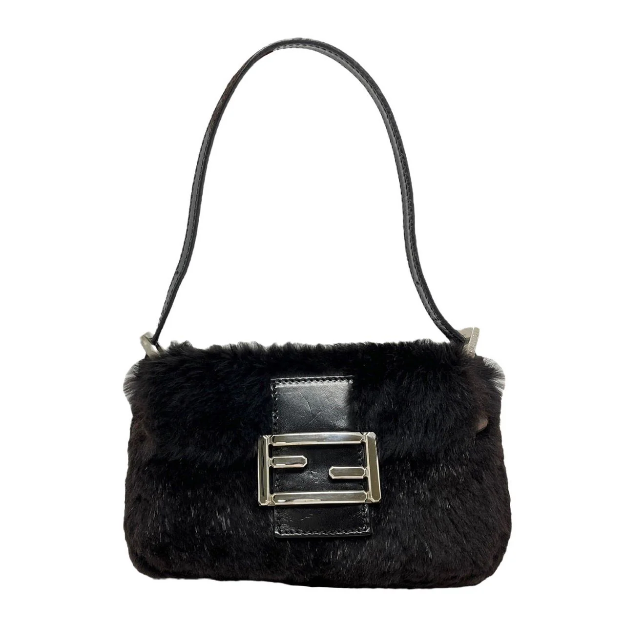 Fendi Black Fur Small Baguette Bag