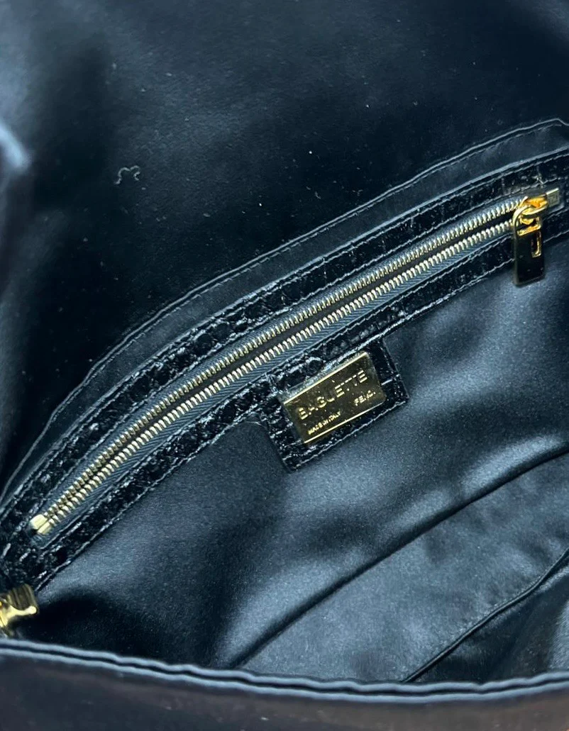 Fendi Black Satin Rhinestone Logo Baguette Bag - Image 3