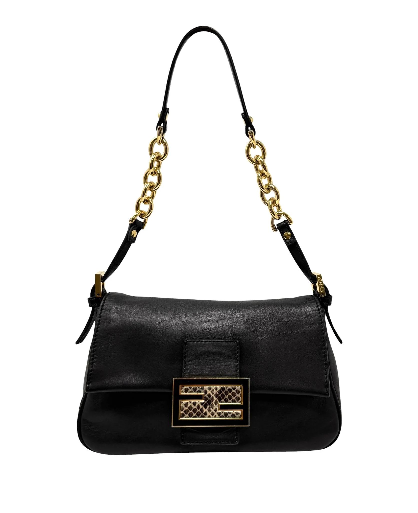 Fendi Black Snake Clasp Baguette Bag