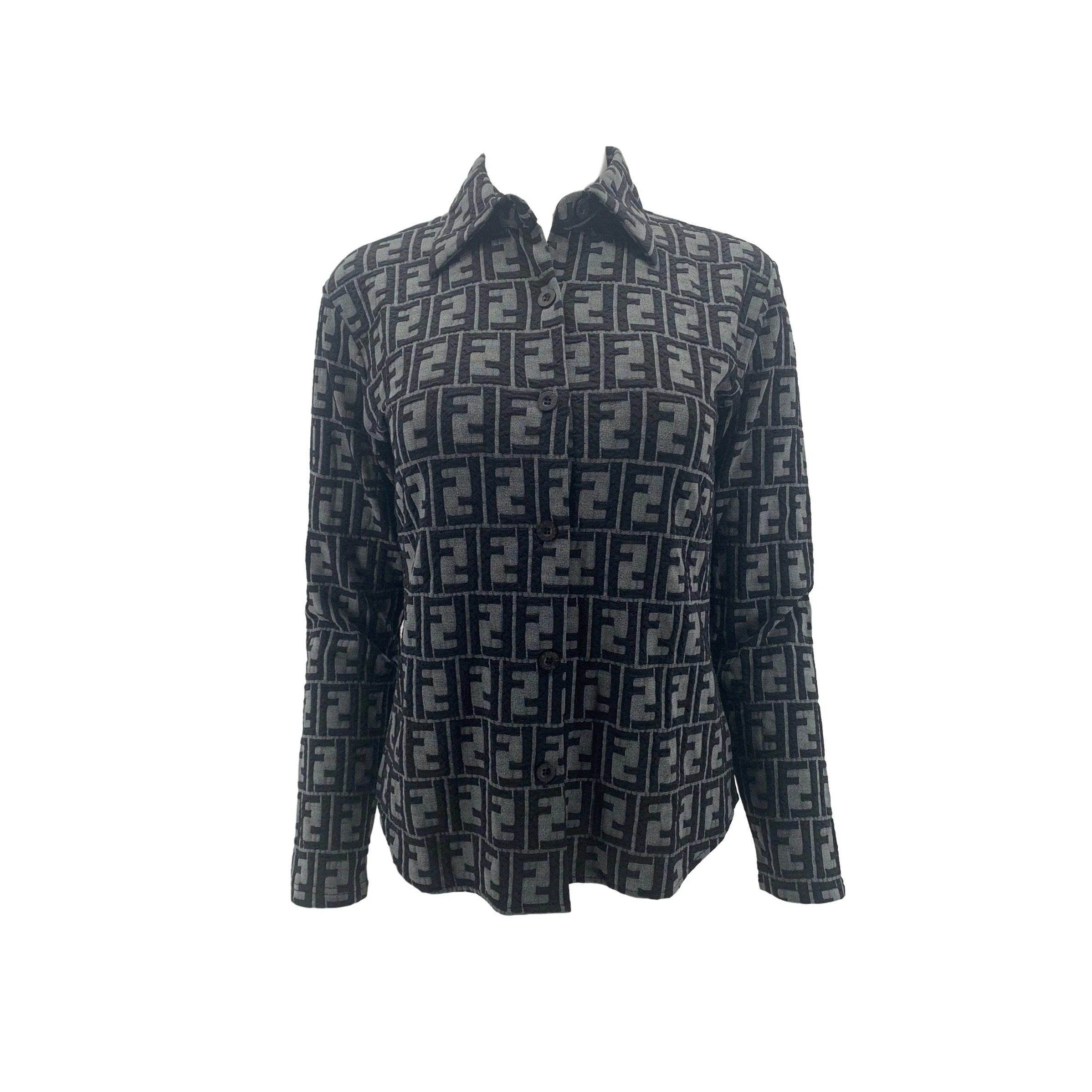 Fendi Black Textured Logo Long Sleeve Button Down