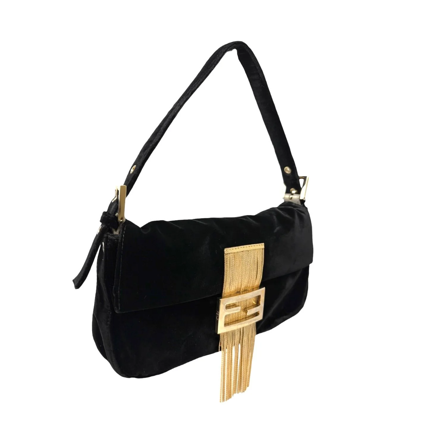 Fendi Black Velvet Fringe Baguette - Image 2