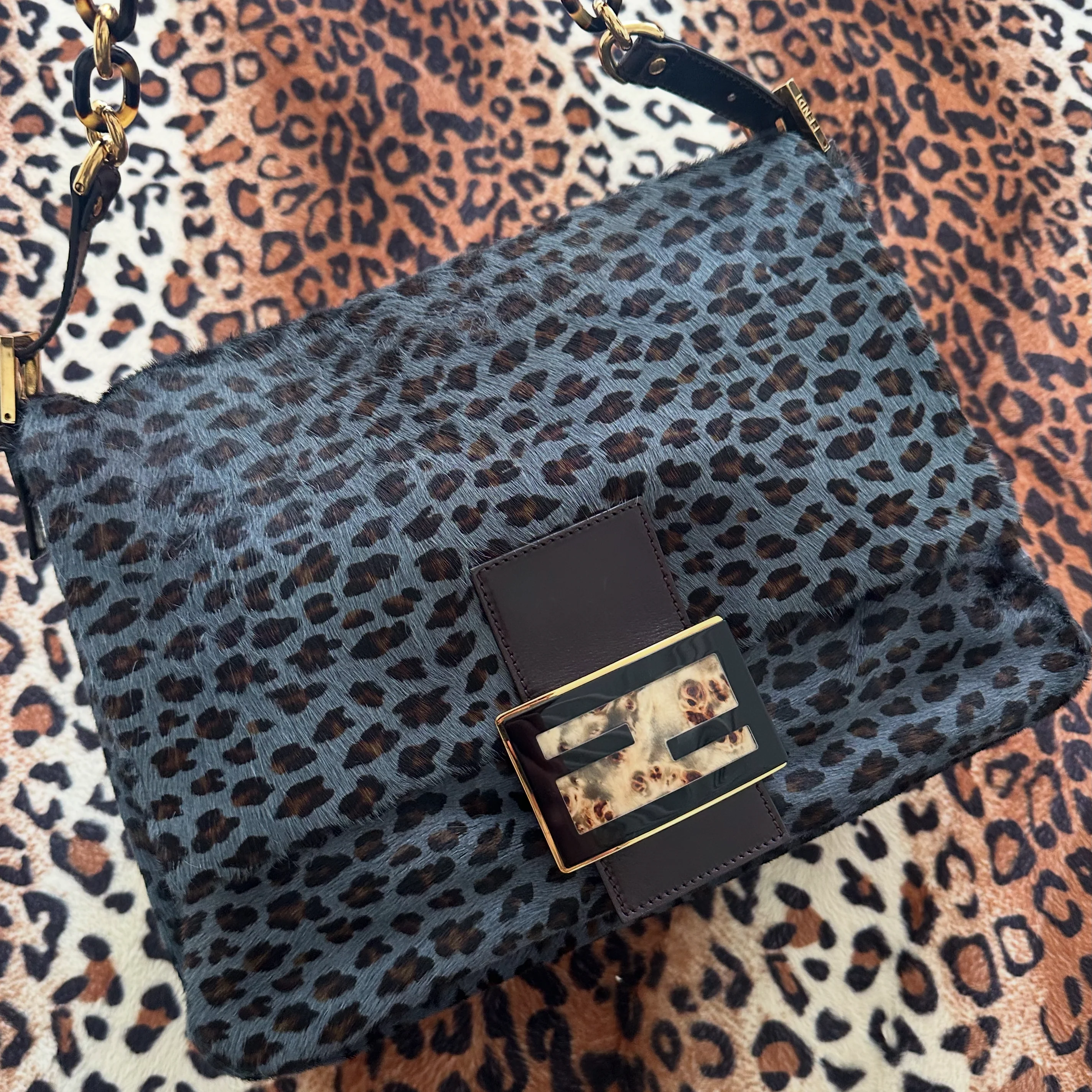Fendi Blue Cheetah Mama Baguette Bag