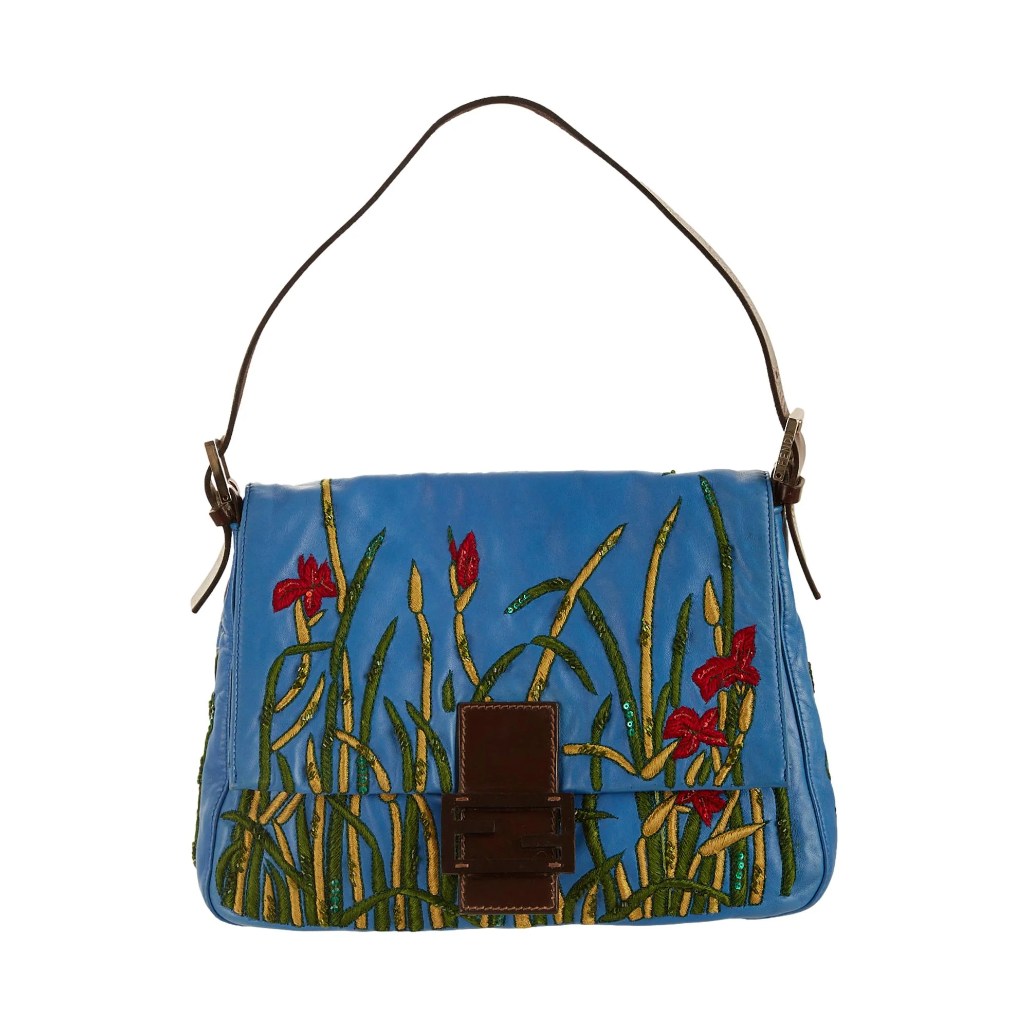 Fendi Blue Leather Embroidered Mama Baguette