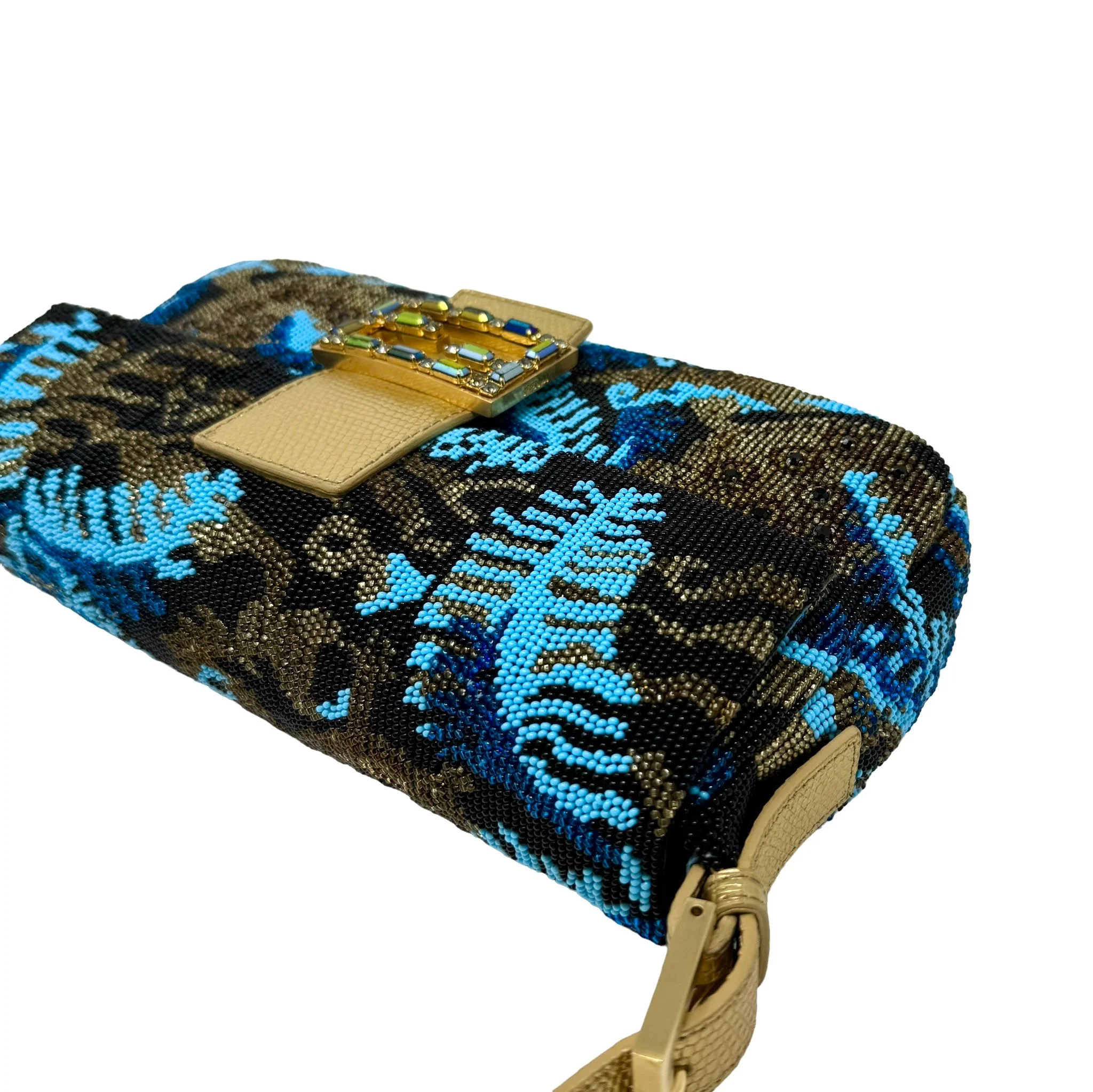 Fendi Blue Multicolor Turtle Beaded Baguette Bag - Image 3