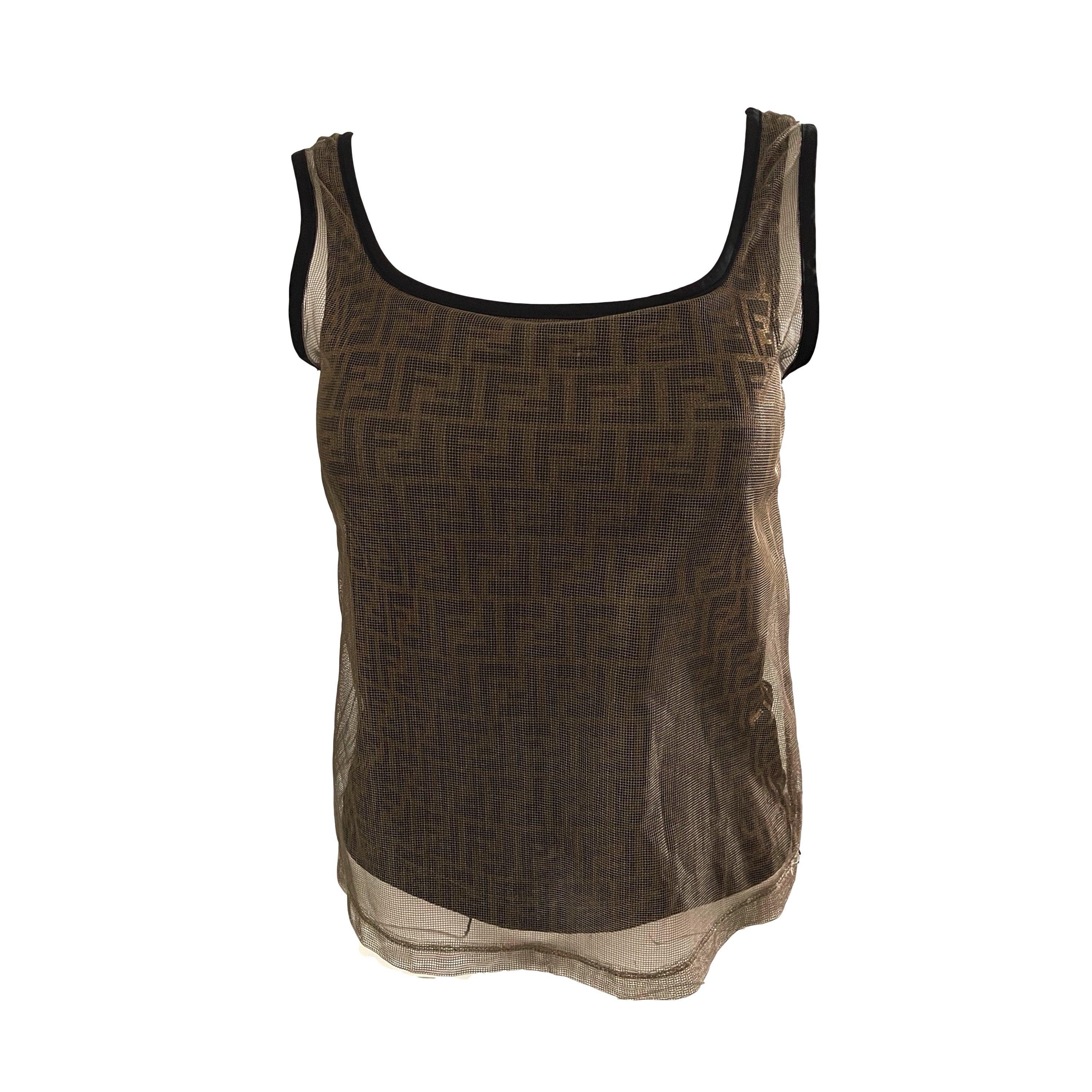 Fendi Brown Logo Mesh Tank