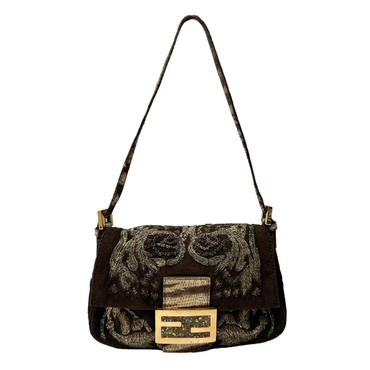Fendi Brown Suede Beaded Baguette
