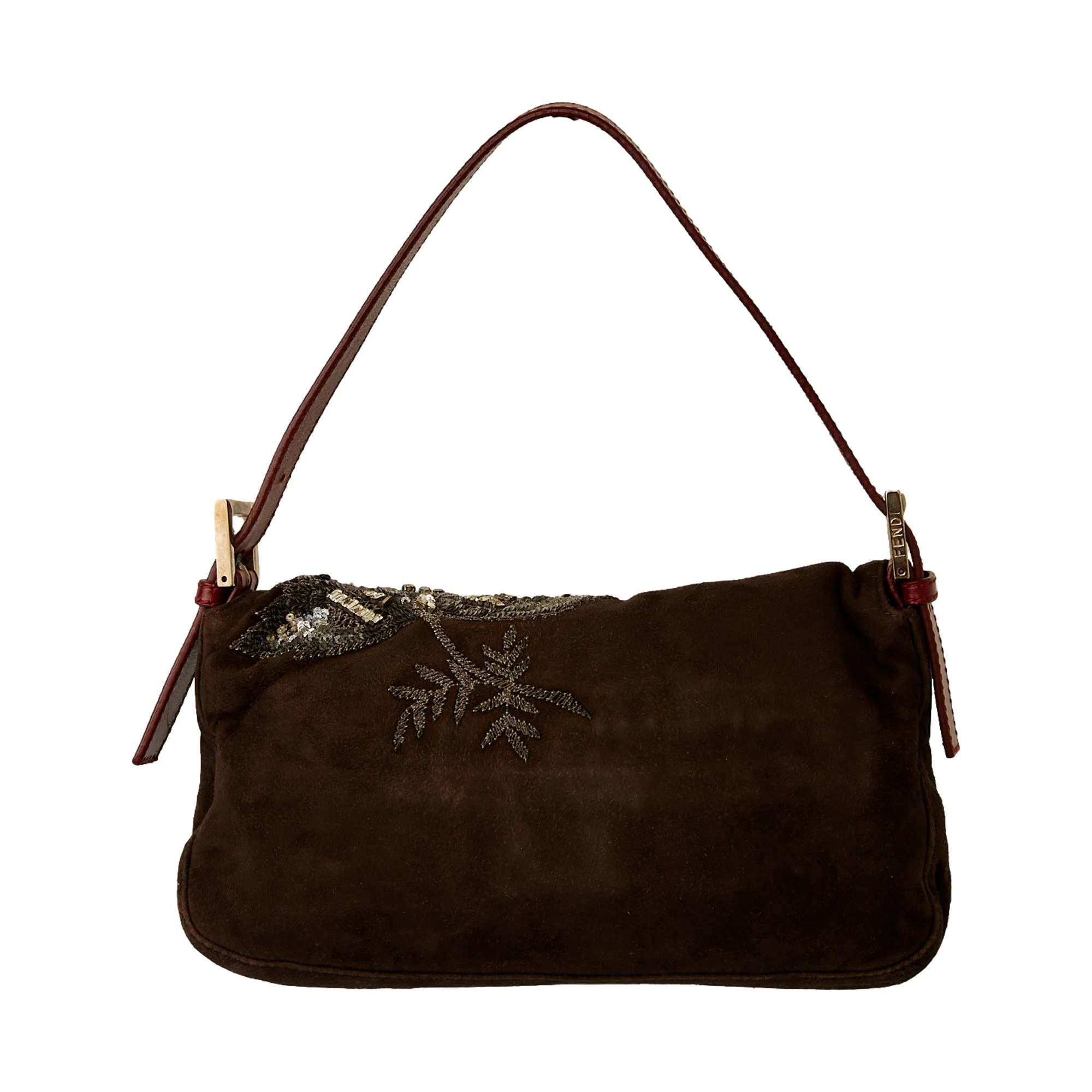 Fendi Brown Suede Embellished Baguette Bag - Image 2