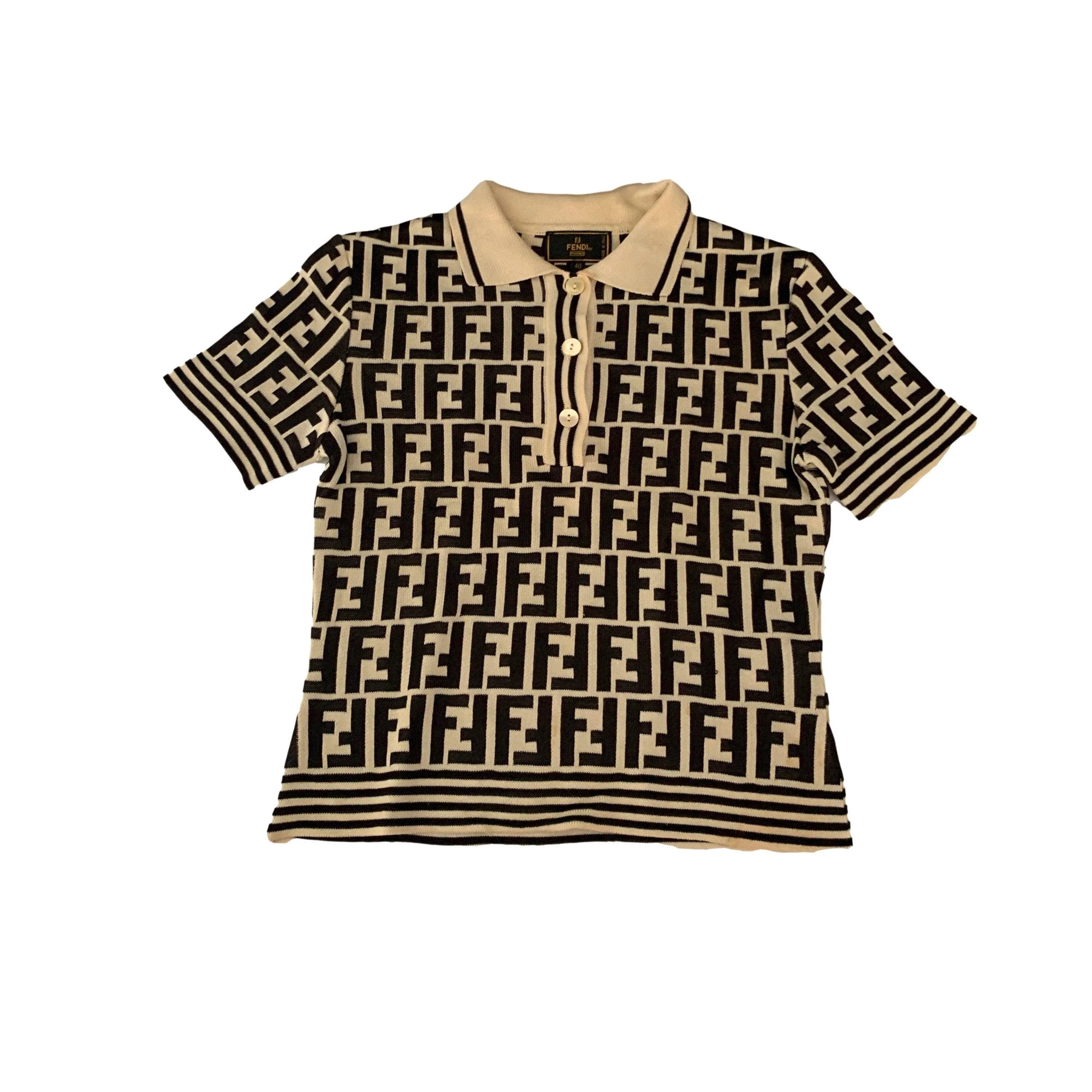 Fendi Brown Two Tone Logo Short Sleeve Sweater