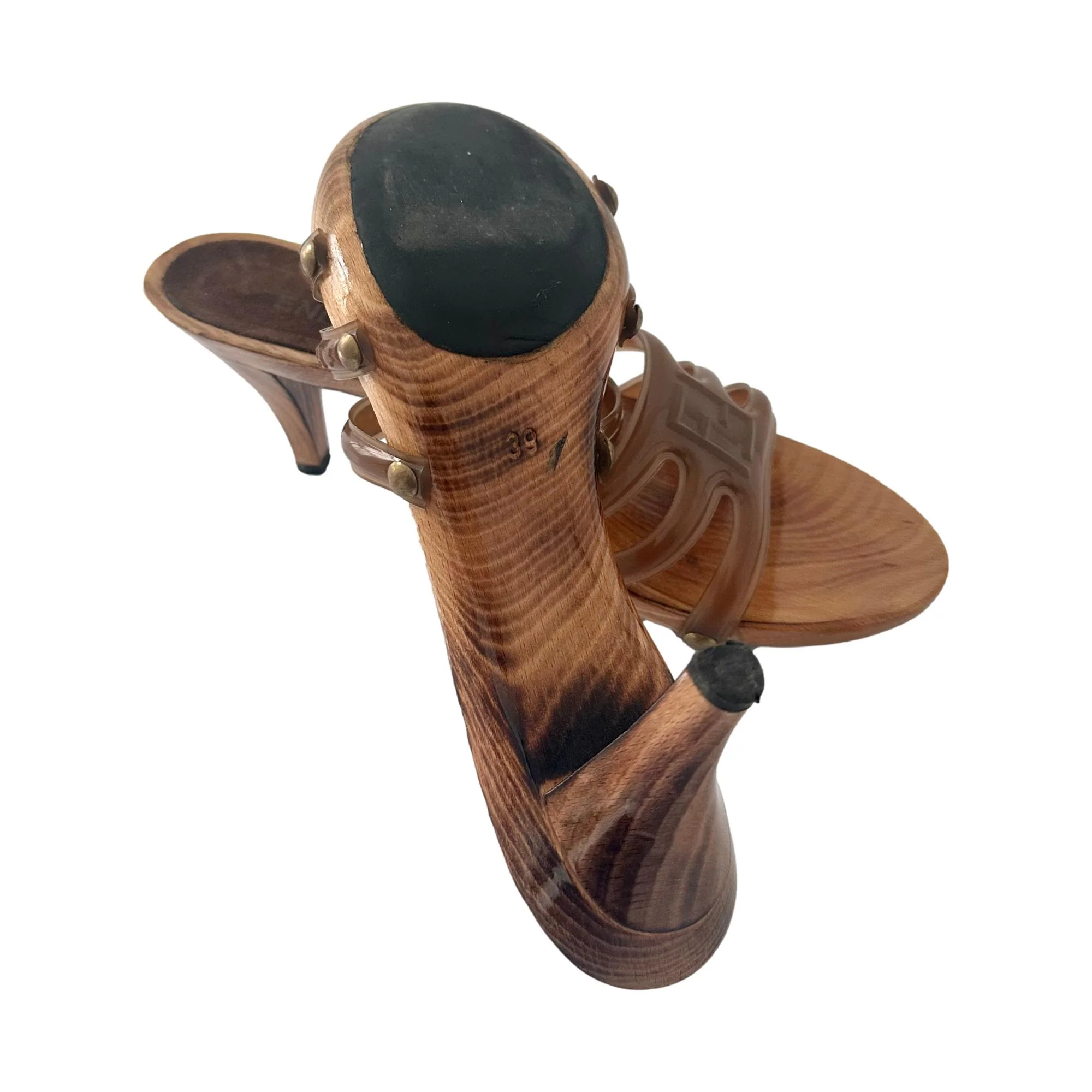 Fendi Brown Wood Logo Heels - Image 3
