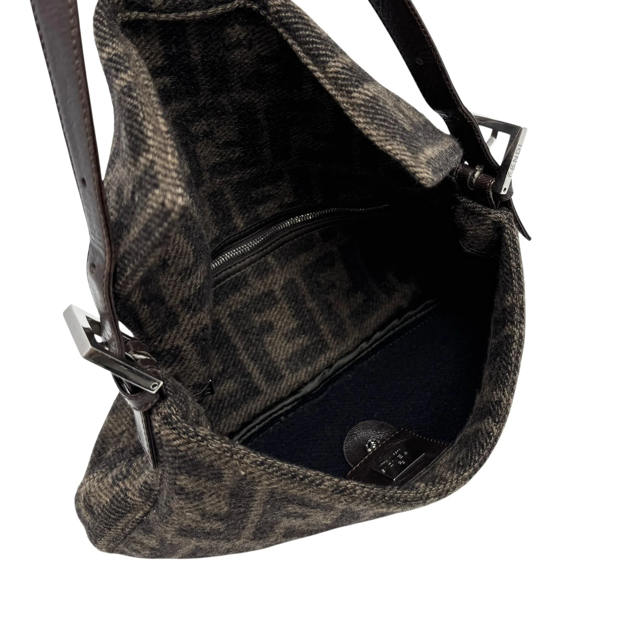 Fendi Brown Wool Logo Baguette Bag - Image 3
