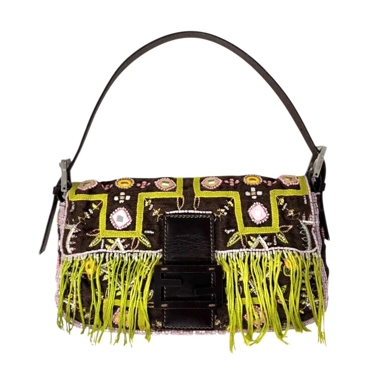 Fendi Dark Brown Beaded Fringe Baguette