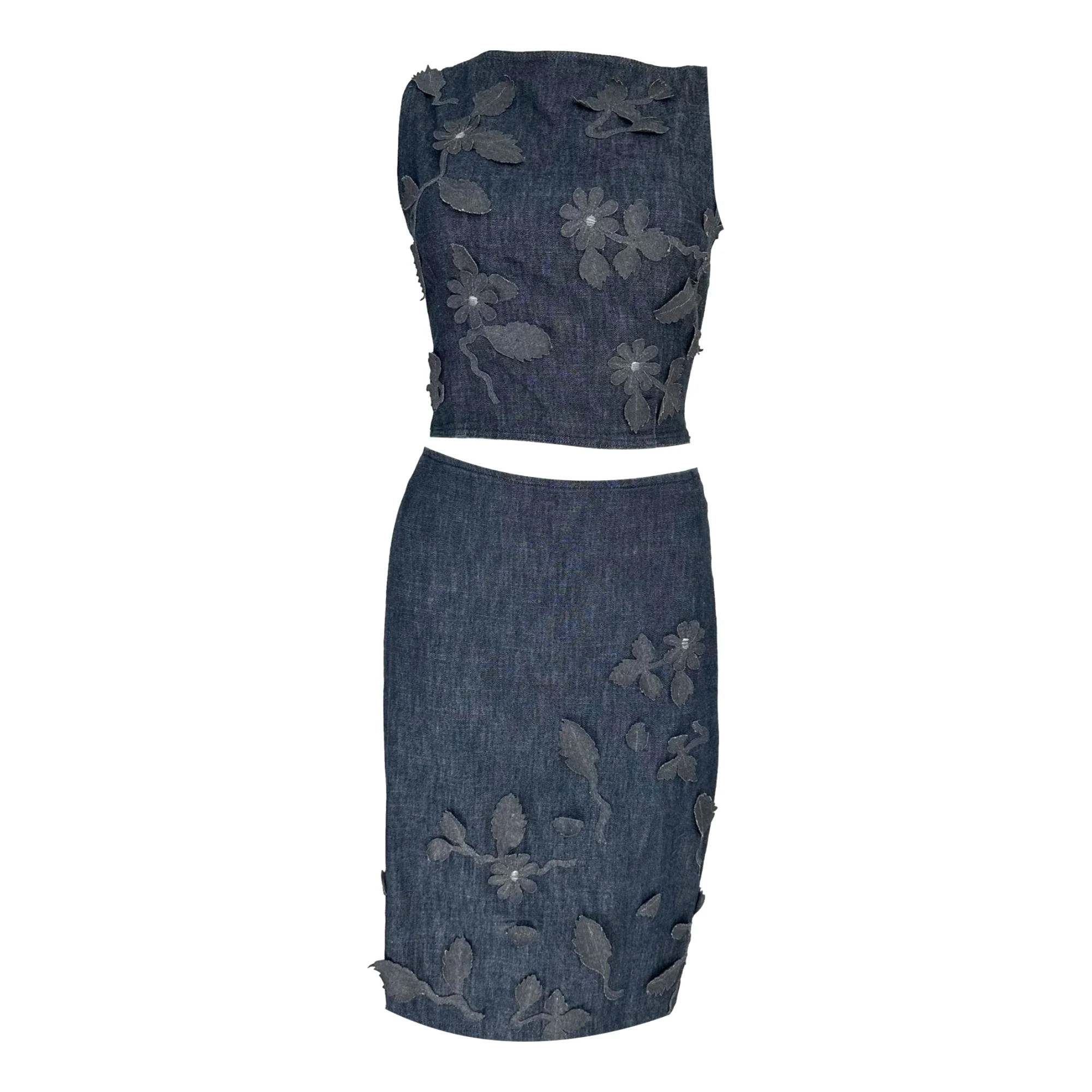 Fendi Denim Floral Applique Skirt Set