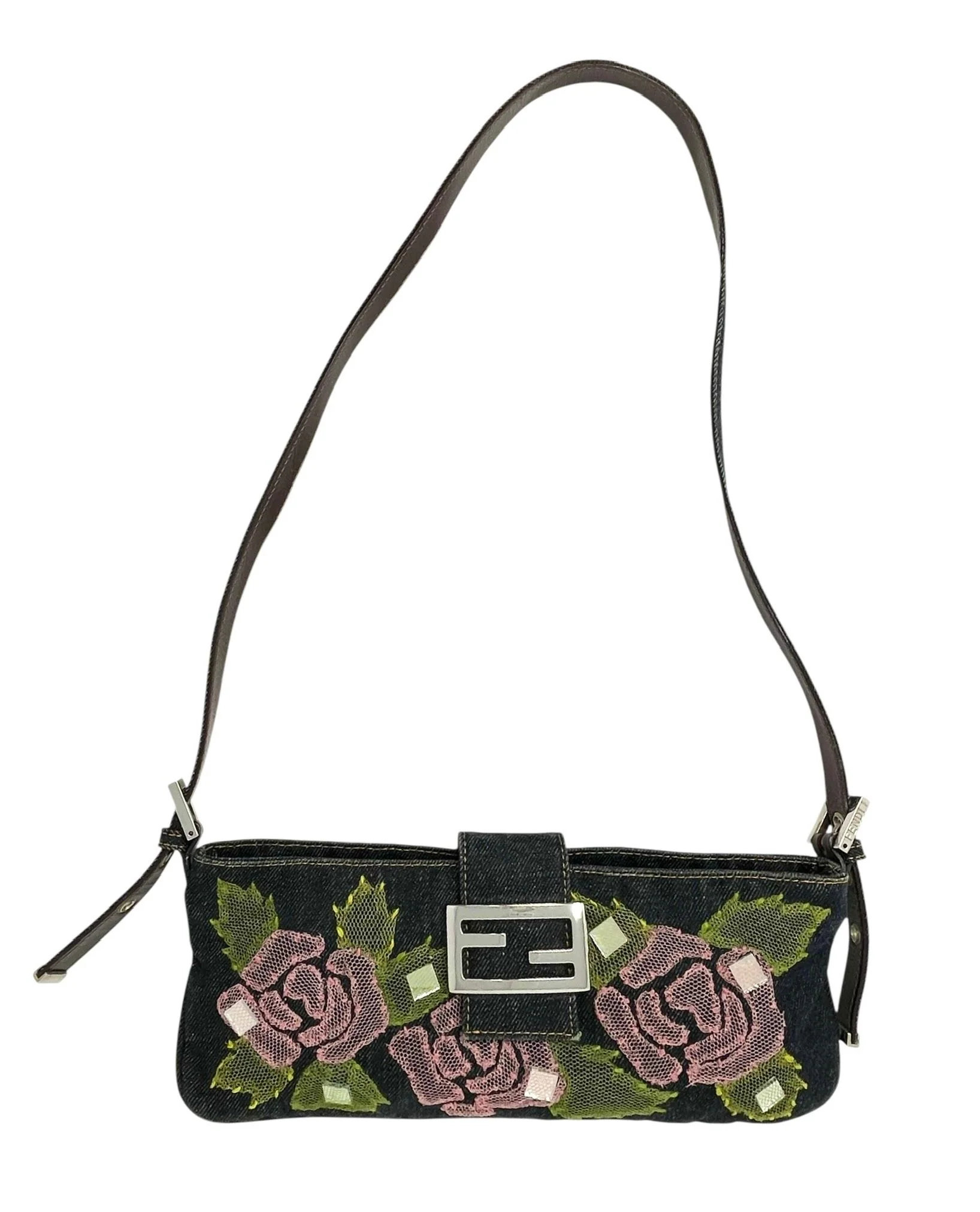Fendi Denim Floral Crossbody Baguette Bag
