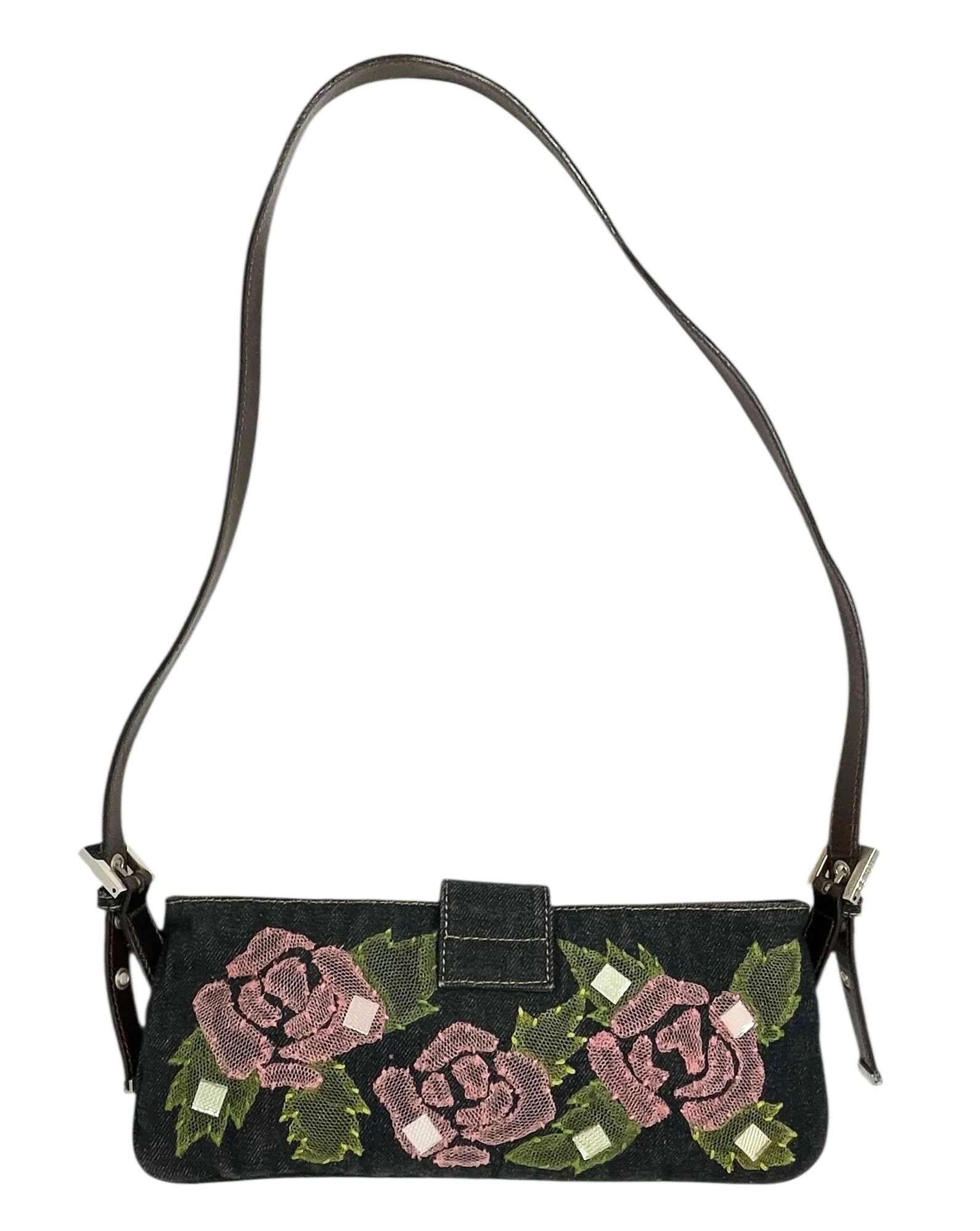 Fendi Denim Floral Crossbody Baguette Bag - Image 2