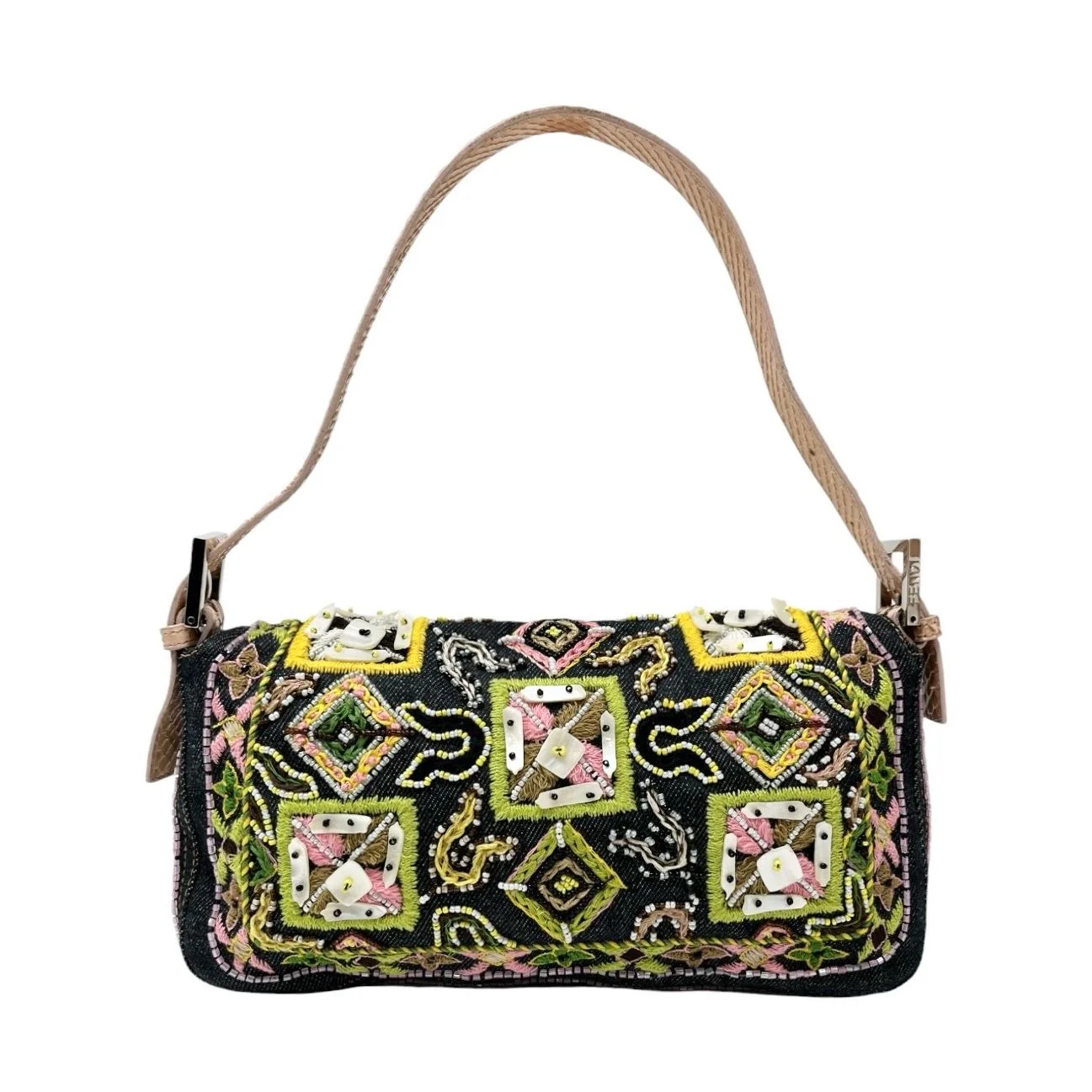 Fendi Denim Fringe Embroidered Baguette Bag - Image 2