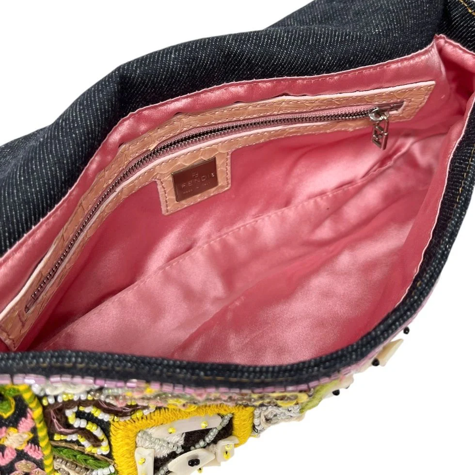 Fendi Denim Fringe Embroidered Baguette Bag - Image 3