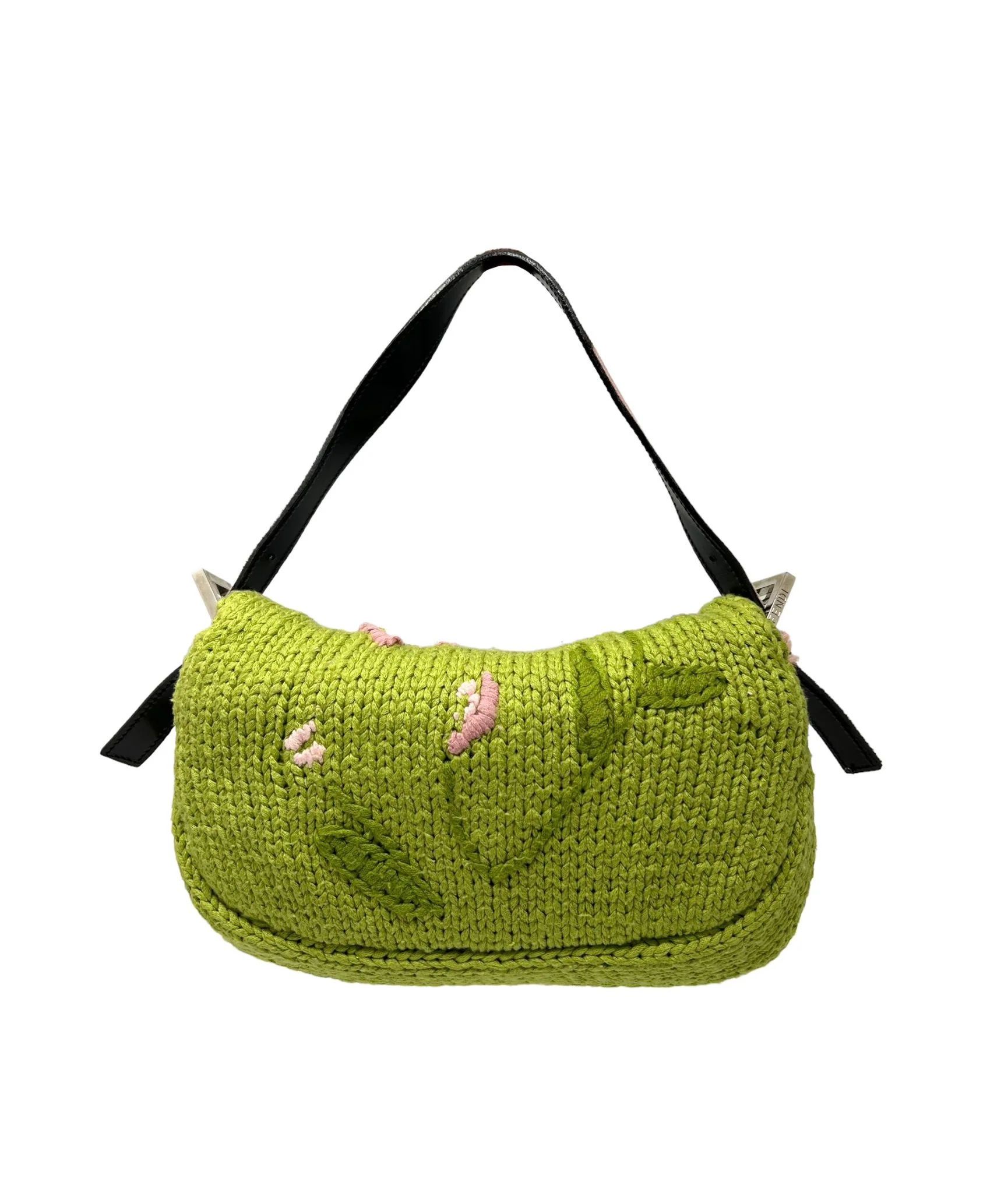 Fendi Green Knit Floral Baguette Bag - Image 2